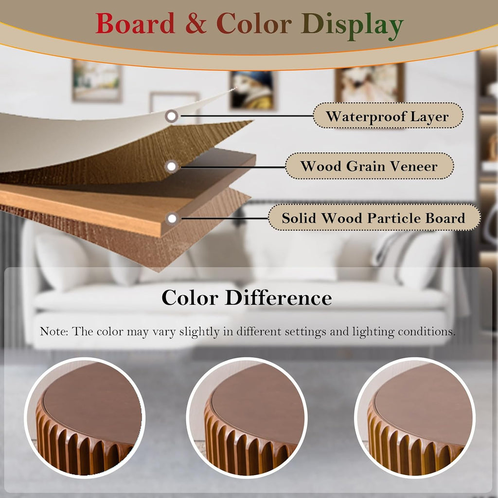 Chic Drum Coffee Table with Storage 39.37' Rustic Round Center Table - Handcraft Fluted Veneer Easy Assemble for Living Room Apartment (C 39.37in)