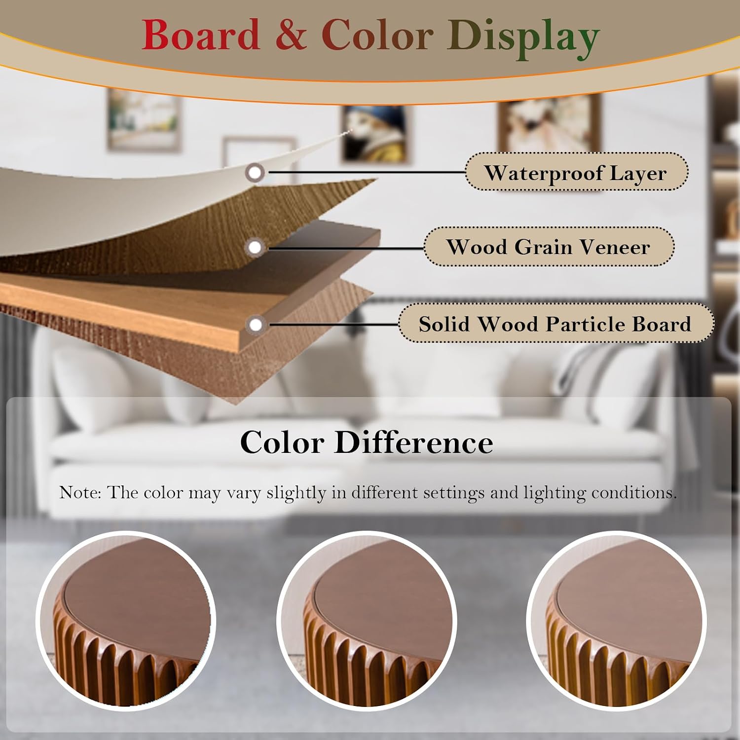 Chic Drum Coffee Table with Storage 39.37' Rustic Round Center Table - Handcraft Fluted Veneer Easy Assemble for Living Room Apartment (C 39.37in)