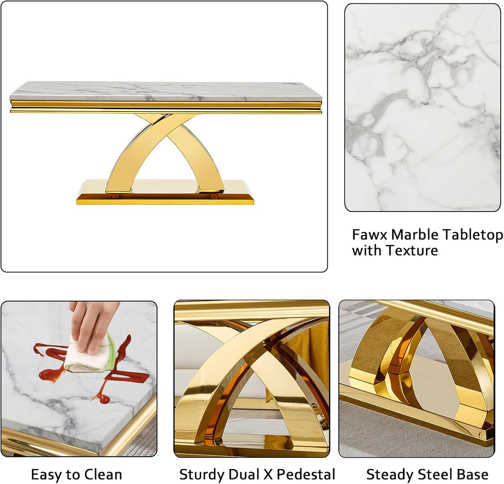 2-Piece Living Room Table Set, Faux Marble Coffee Table Set of 2 with X-Shape Stainless Steel Base, White and Gold Coffee and Console Table Set, Modern Home Living Furniture