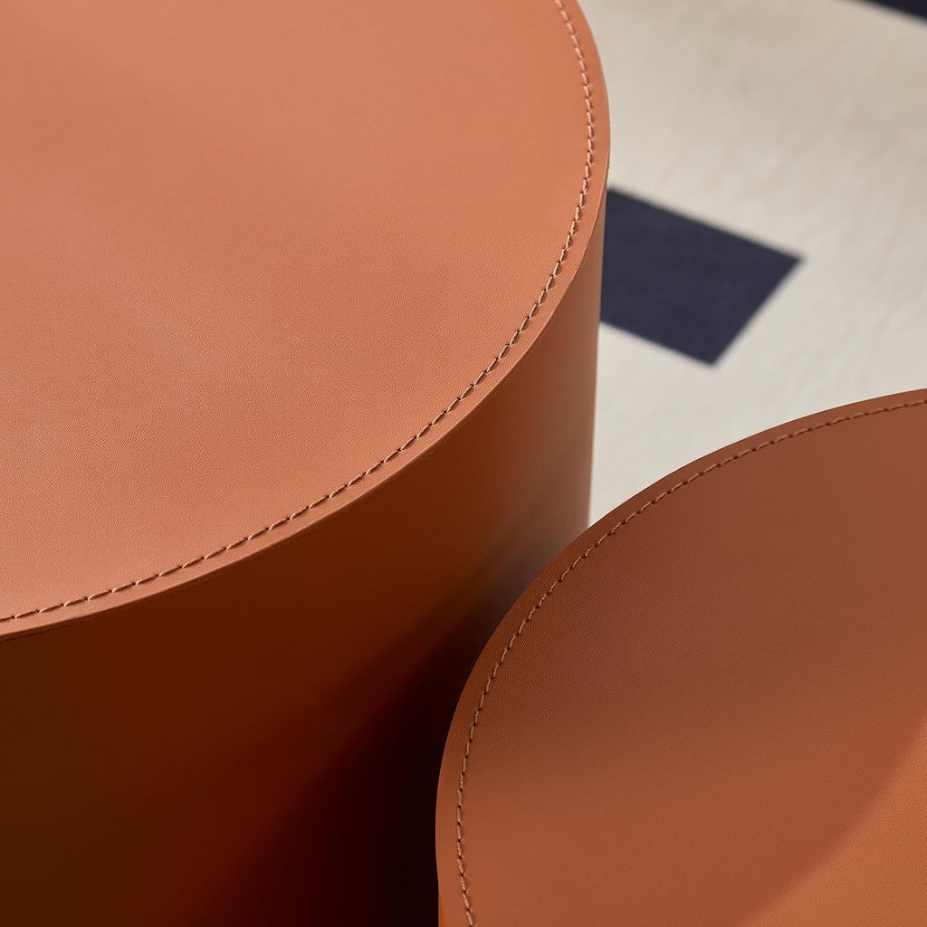 19.09' Modern Coffee Table Set of 2, Leather Accent Tables, Wooden Minimalist Side Tables for Small Spaces, Living Room, Bedroom, Office & Balcony(Orange)