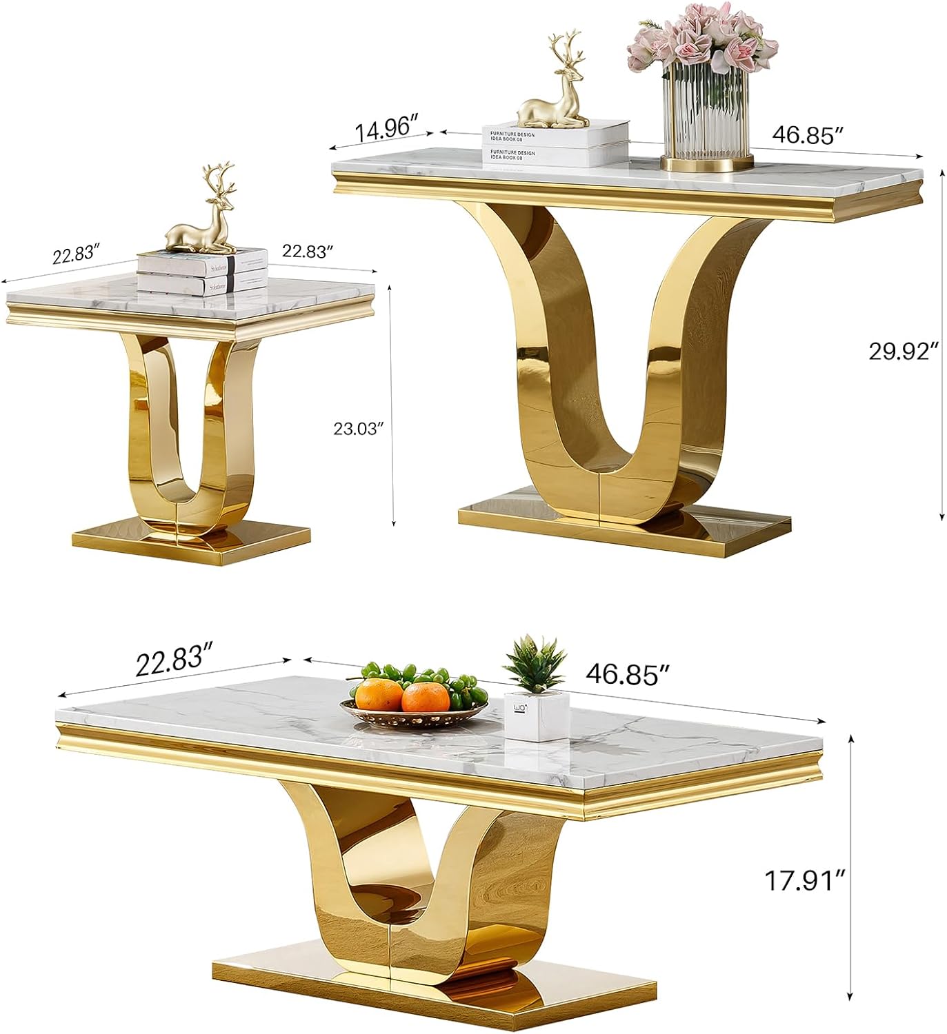 Marble Coffee Tables Set of 3, Modern White Marble Living Room Table Set with Gold Stainless Steel Base, Rectangle Coffee End Tables and Console Table Sets for Living Room Bedroom