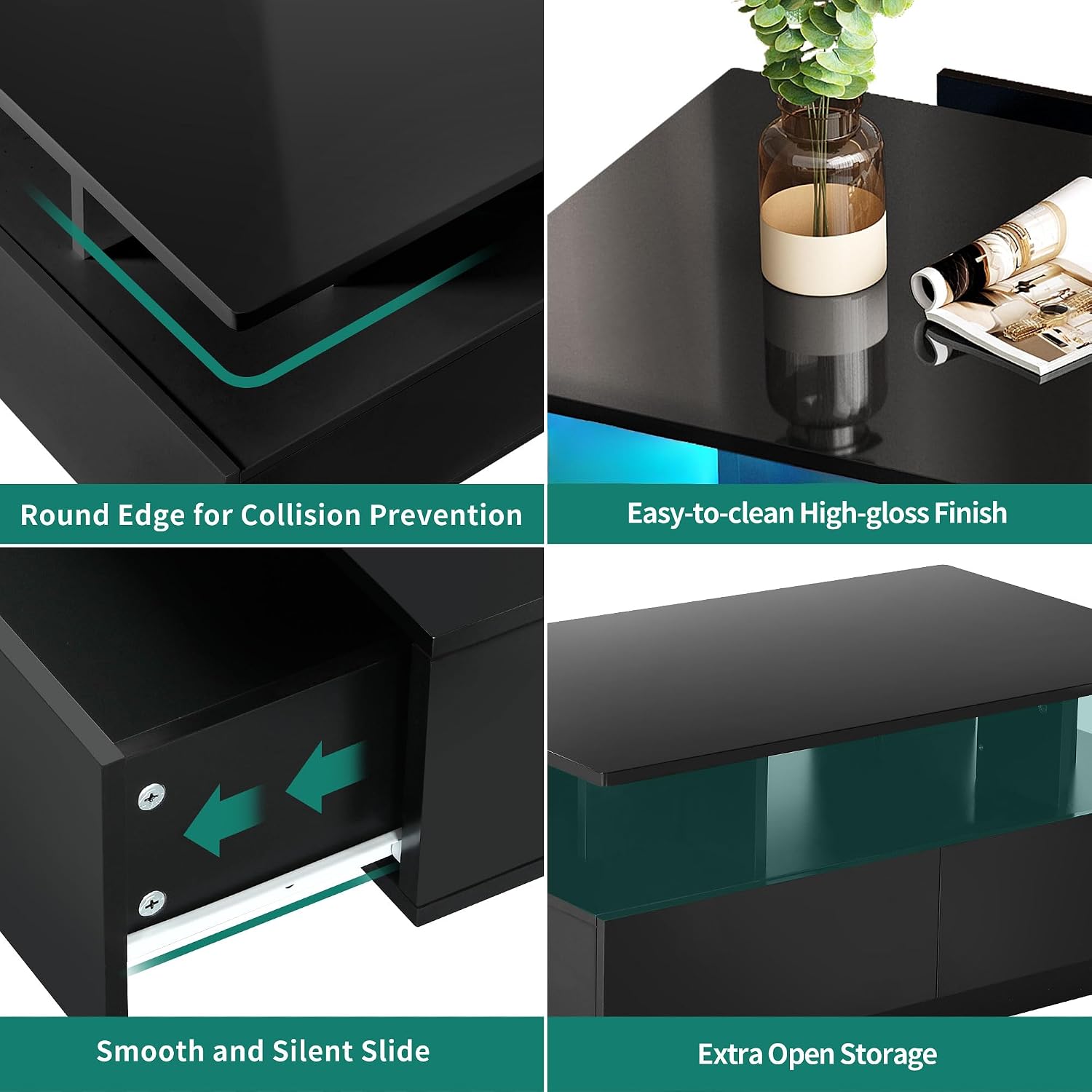 YITAHOME LED Coffee Table with Storage, High Glossy LED Coffee Tables for Living Room, Modern Black Rectangle Coffe Table, Small Center Table with Open Display Shelf & 4 Sliding Drawers, Glossy Black