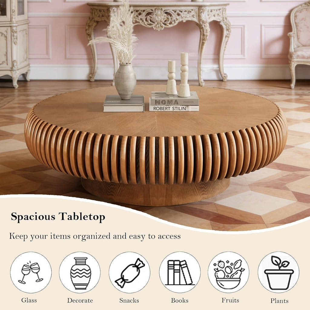 39.37' Round Fluted Coffee Table Unique Contemporary Wood Low Circle Drum Tea Tables with Sturdy Pedestal for Small Space (D Brown 39.37in)
