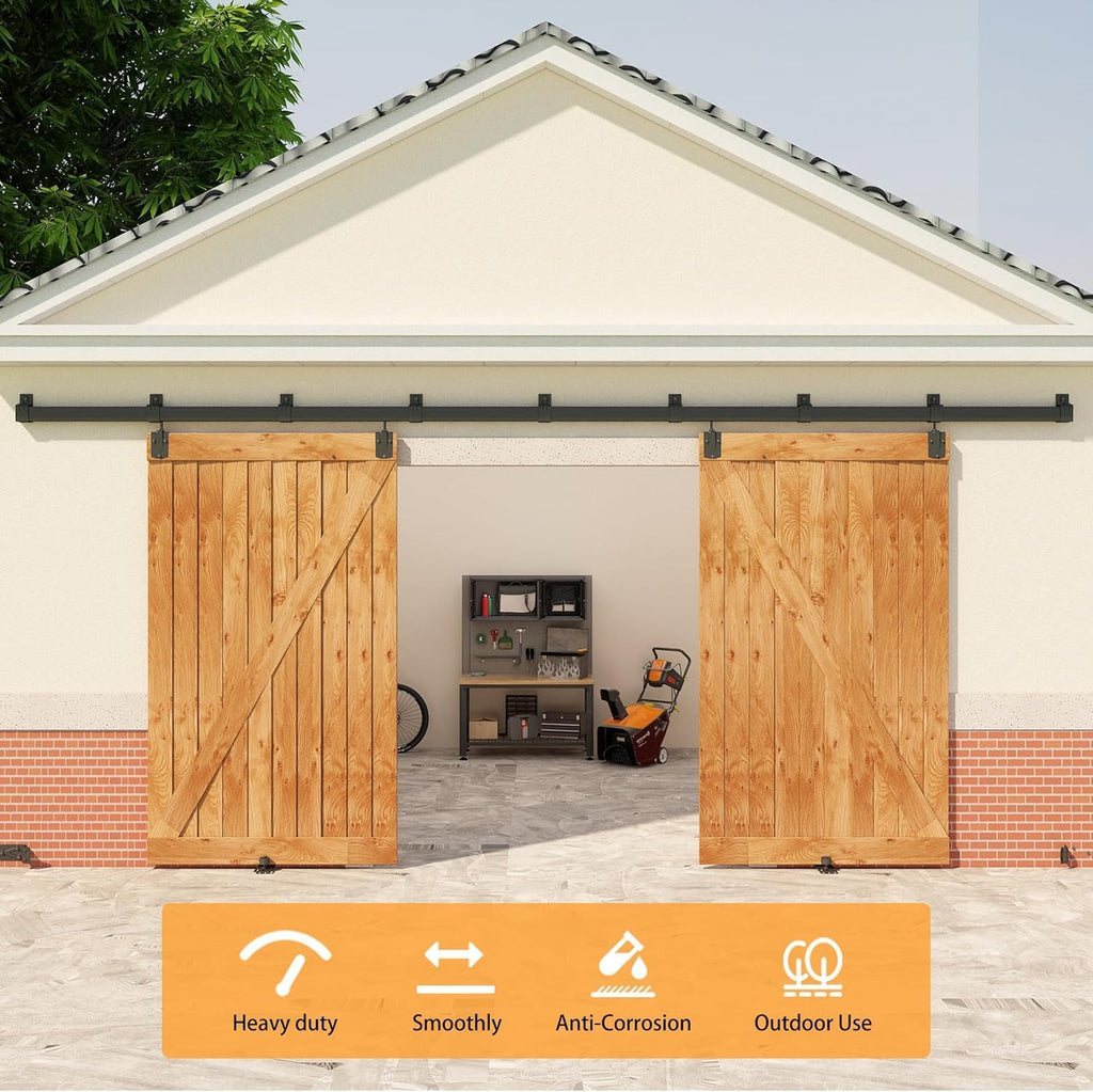 16FT Black Box Rail Exterior Barn Door Hardware Kit for 2 Doors, Sliding Heavy Duty Barn Door Track, Wall Mount Barn Door Hardware with 9 Track Brackets(Doors NOT Include)