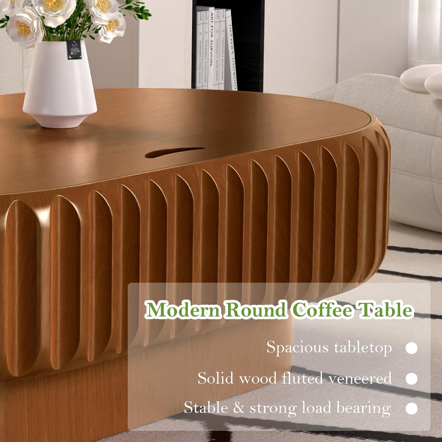 43.3' Oval Drum Coffee Table with Storage Rustic Chic Fluted Center Table - Handcraft Solid Wood Veneer Edge for Living Room Farmhouse (C 43.3in)