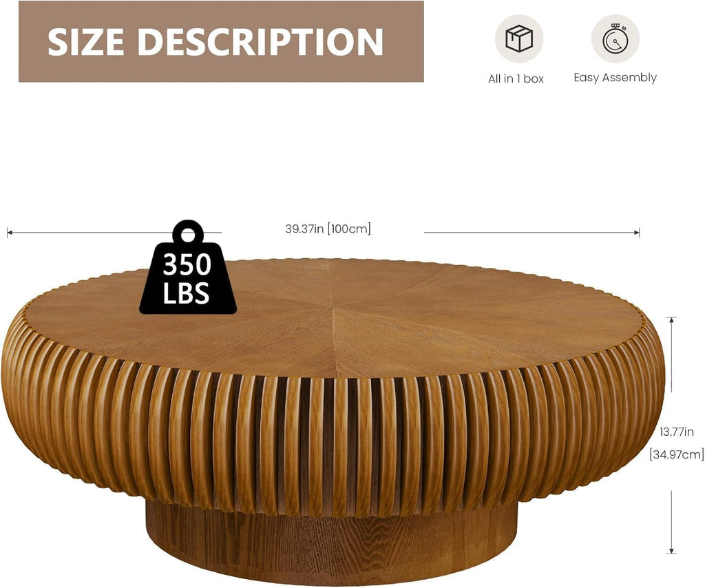 Round Drum Coffee Table Modern Coffee Tables Fluted Coffee Table Circle Center Table Pedestal End Table for for Living Room Bedroom(Brown 39.4in)
