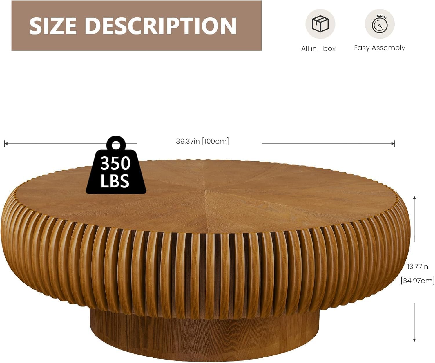Round Drum Coffee Table Modern Coffee Tables Fluted Coffee Table Circle Center Table Pedestal End Table for for Living Room Bedroom(Brown 39.4in)