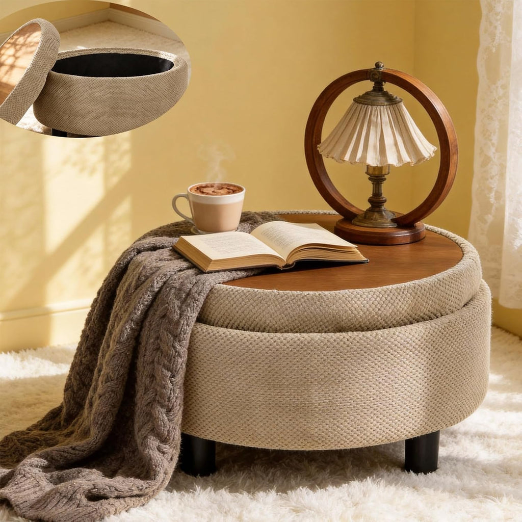 Round Storage Ottoman with Reversible Tray Lid, 25' Upholstered Button Tufted Coffee Table with Storage Foot Rest Stool for Living Room, Bedroom, Entryway, Camel