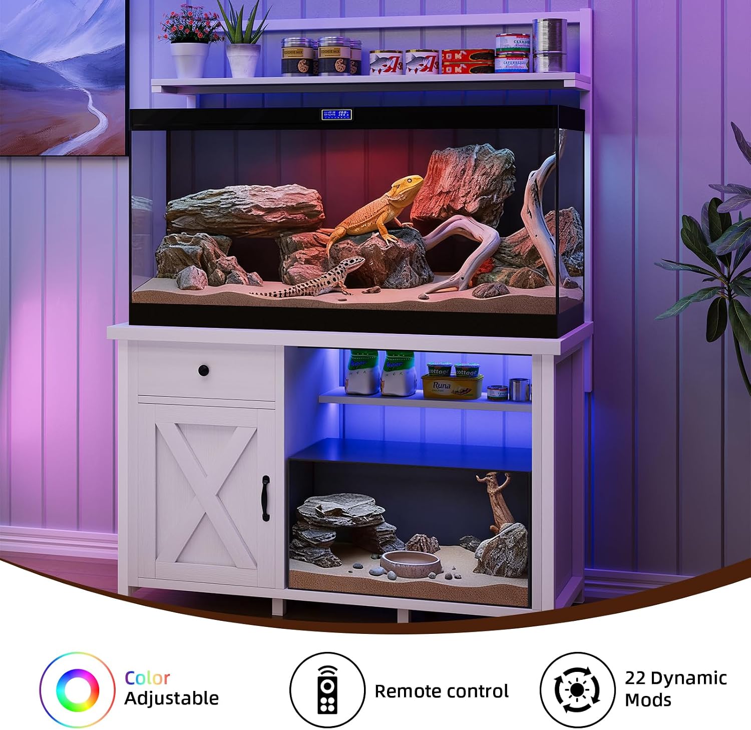 Reptile Tank Stand with Power Outlet, Terrarium Stand with Storage Cabinet, 49' X 20' Tabletop, Aquarium Stand with LED Lights, Reptile Terrarium,Turtle Tank, 1100LBS, White
