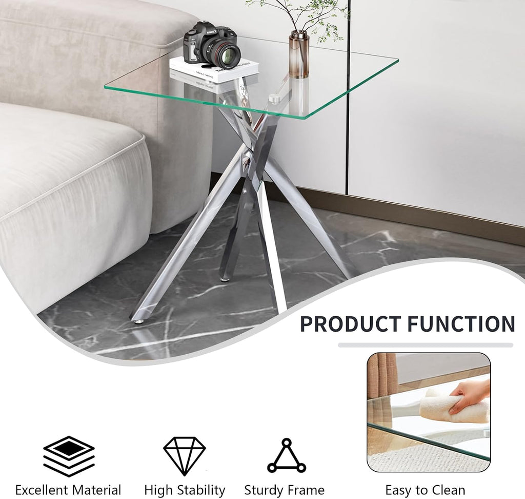 Glass 2 Piece Living Room Table Set,Glass Coffee Table and End Table Sets,Accent Table Sofa Table Sets with X-Designed Metal Legs and Tempered Glass Tabletop for Living Room Furniture (2, Silver)
