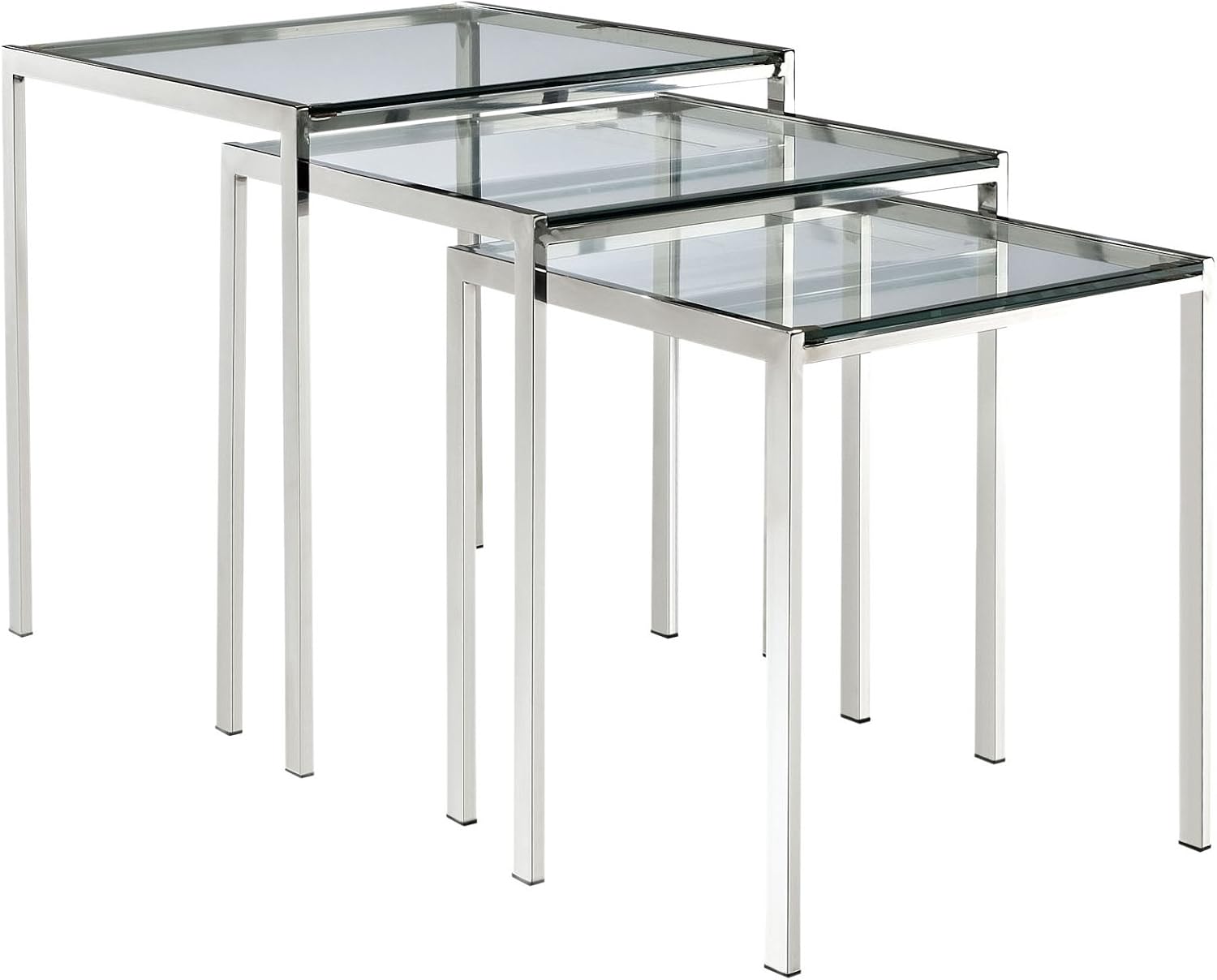Modway Nimble Glass and Stainless Steel 3-Piece Side Nesting Table Set In Silver
