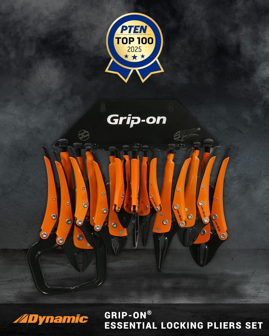 Grip-On 10 Piece Essential Locking Pliers and Clamp Set | Straight & Curved Jaws, Long Nose, Wire Cutter & C-Clamps | Premium Welding Pliers & Sheet Metal Tools with Storage Rack