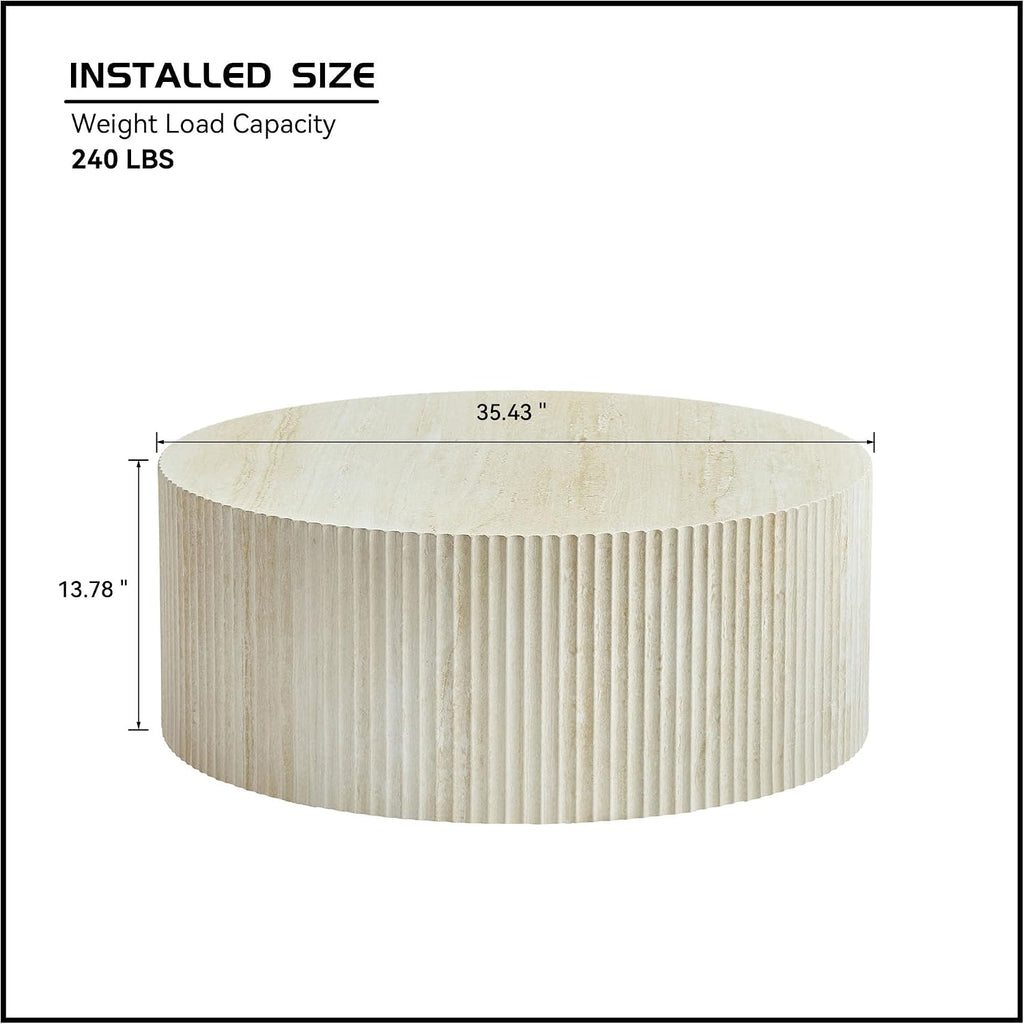 Faux Travertine Round Coffee Table, 35' Modern Relief Design Coffee Table Center Table for Living Room, Travertine, No Assembly Needed