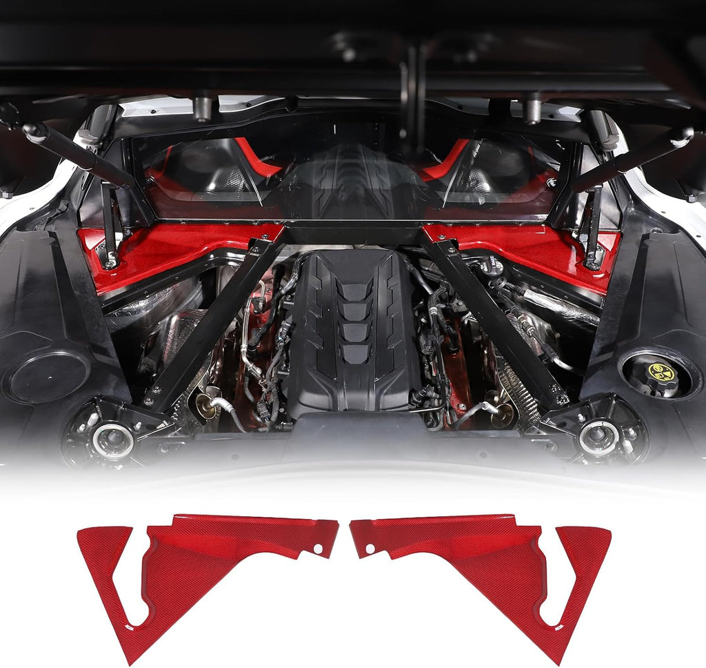 Real Carbon Fiber Engine Bay Panel Cover Compatible with Chevrolet Corvette C8 2020-2026, Front Hood Lift Supports Shock Struts Base Trim Cover Accessories 2Pcs (Red)