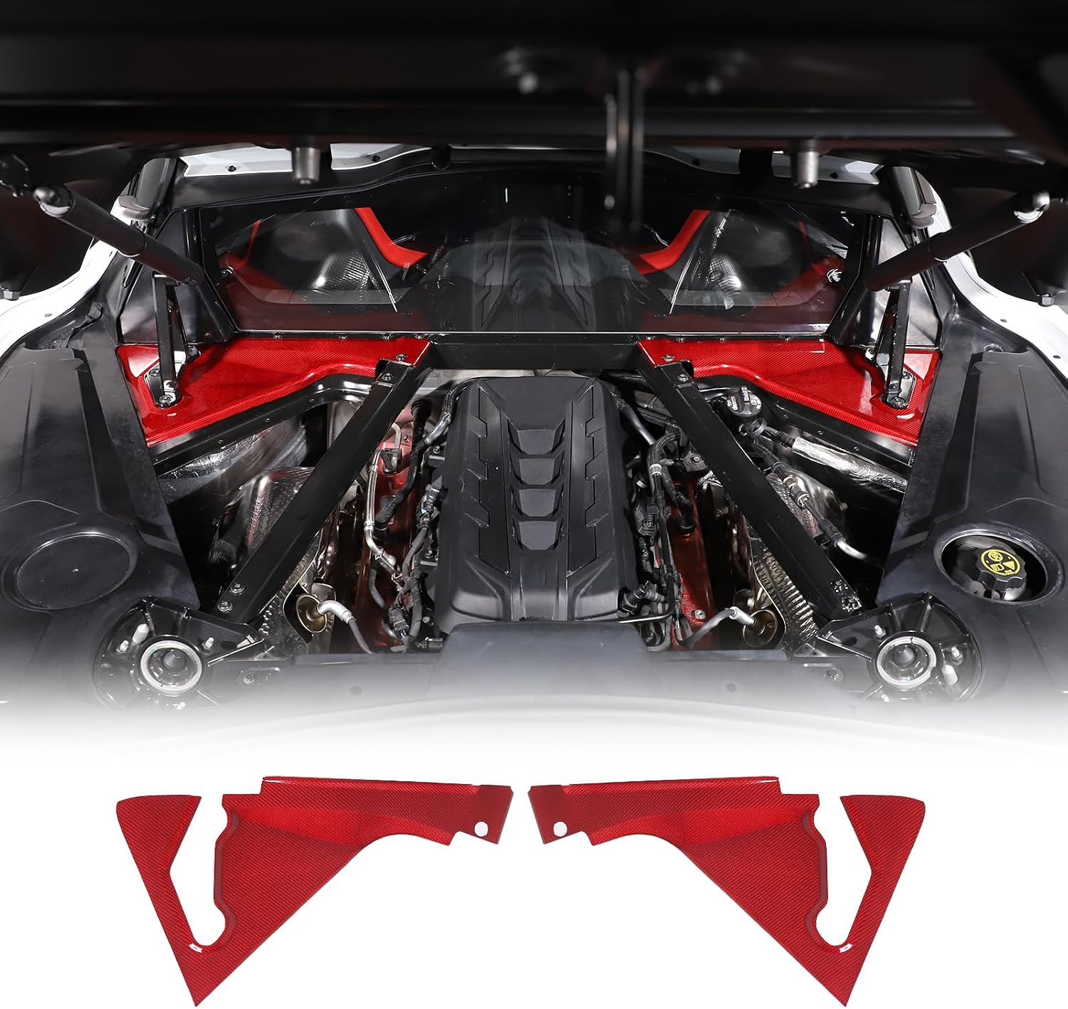 Real Carbon Fiber Engine Bay Panel Cover Compatible with Chevrolet Corvette C8 2020-2026, Front Hood Lift Supports Shock Struts Base Trim Cover Accessories 2Pcs (Red)