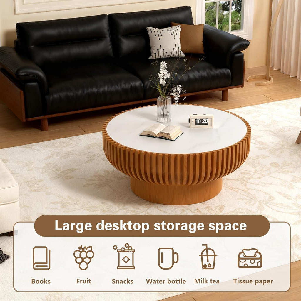 Round Drum Coffee Table White Fluted Coffee Table Circle Center Table Pedestal End Table for Apartment (31.5 in White Desktop)