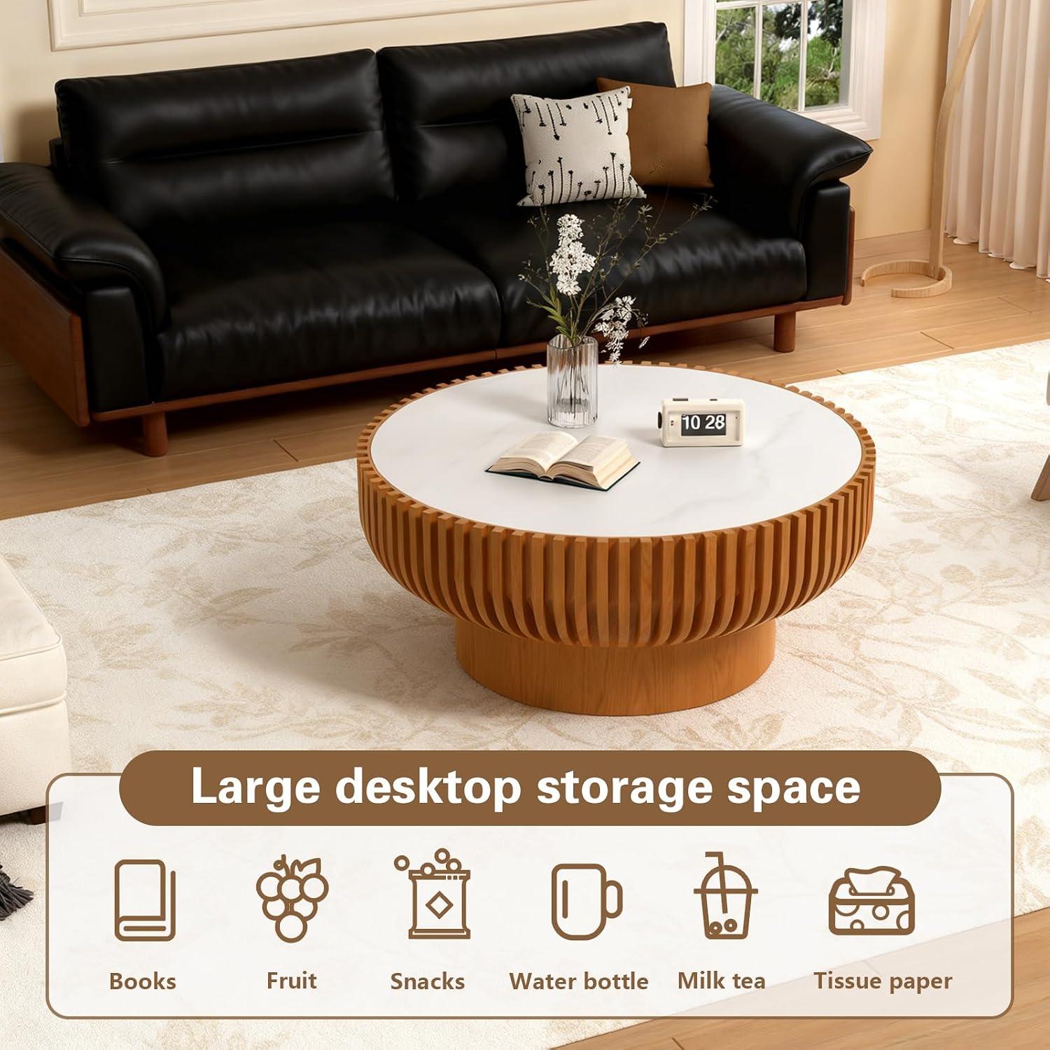 Round Drum Coffee Table White Fluted Coffee Table Circle Center Table Pedestal End Table for Apartment (31.5 in White Desktop)