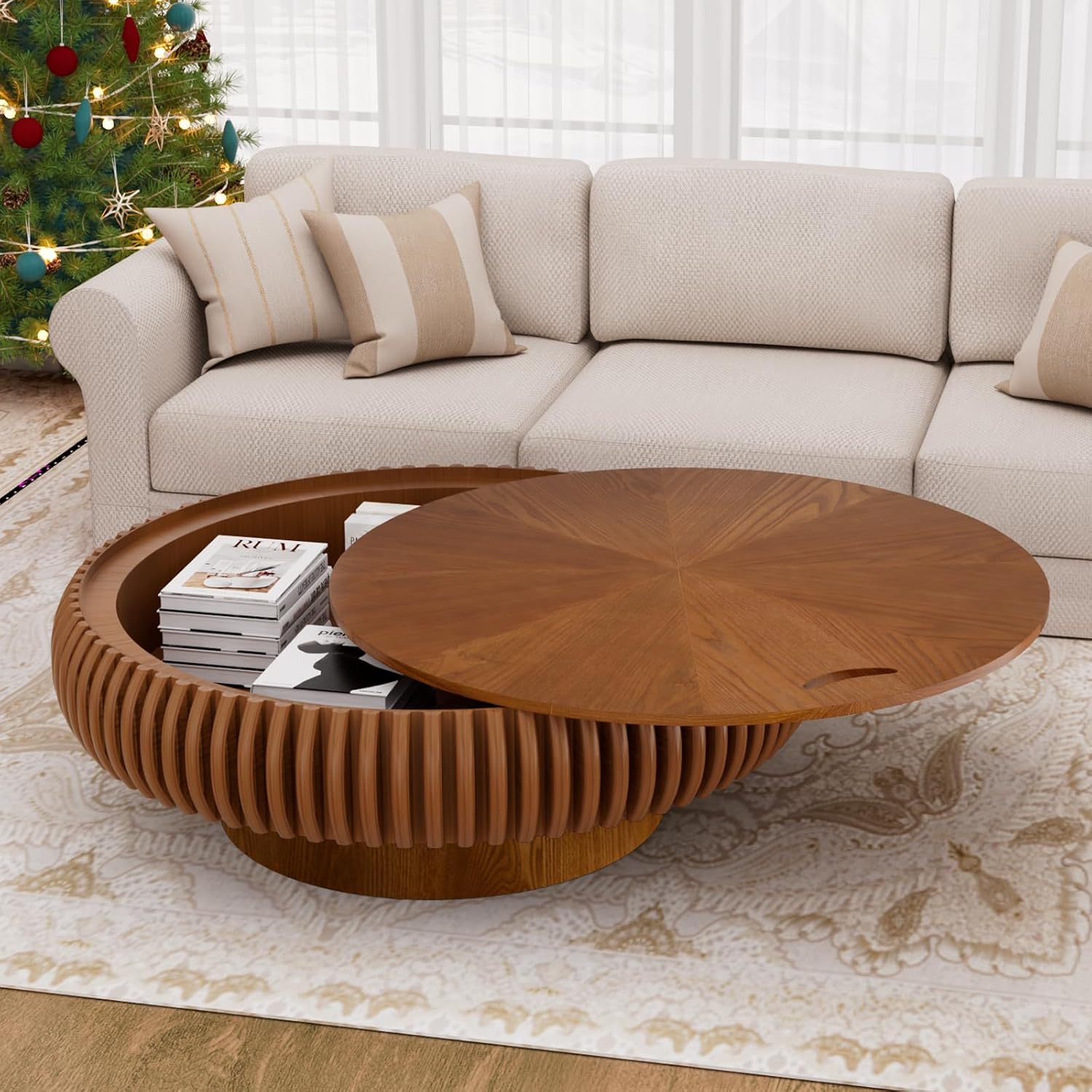 Round Fluted Coffee Table with Storage for Living Room, Modern Wooden Drum Coffee Table with Solid Wood Veneered, Circle Accent Tea Center Table for Small Space Apartmen (Brown, 39.37' with Storage)