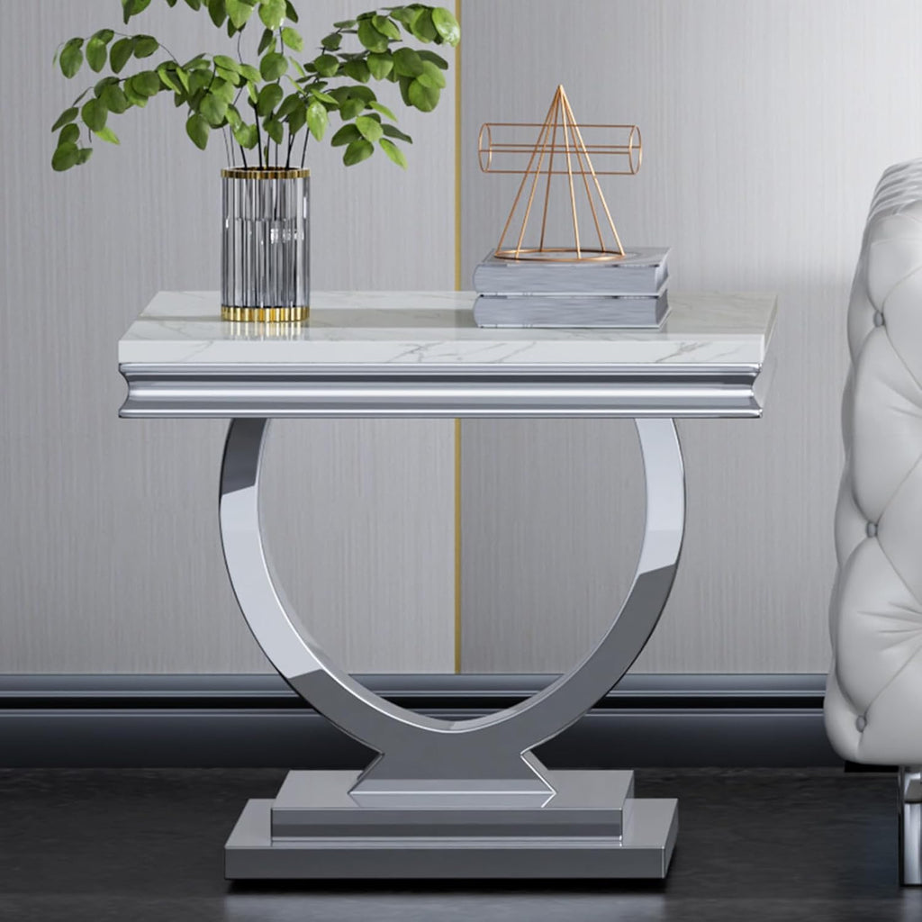 3 Pieces Coffee Table Set, Faux Marble Living Room Table Set of 3, Modern Coffee Table and 2 End Tables with O-Shaped Stainless Steel Base for Living Room Office (White Silver)
