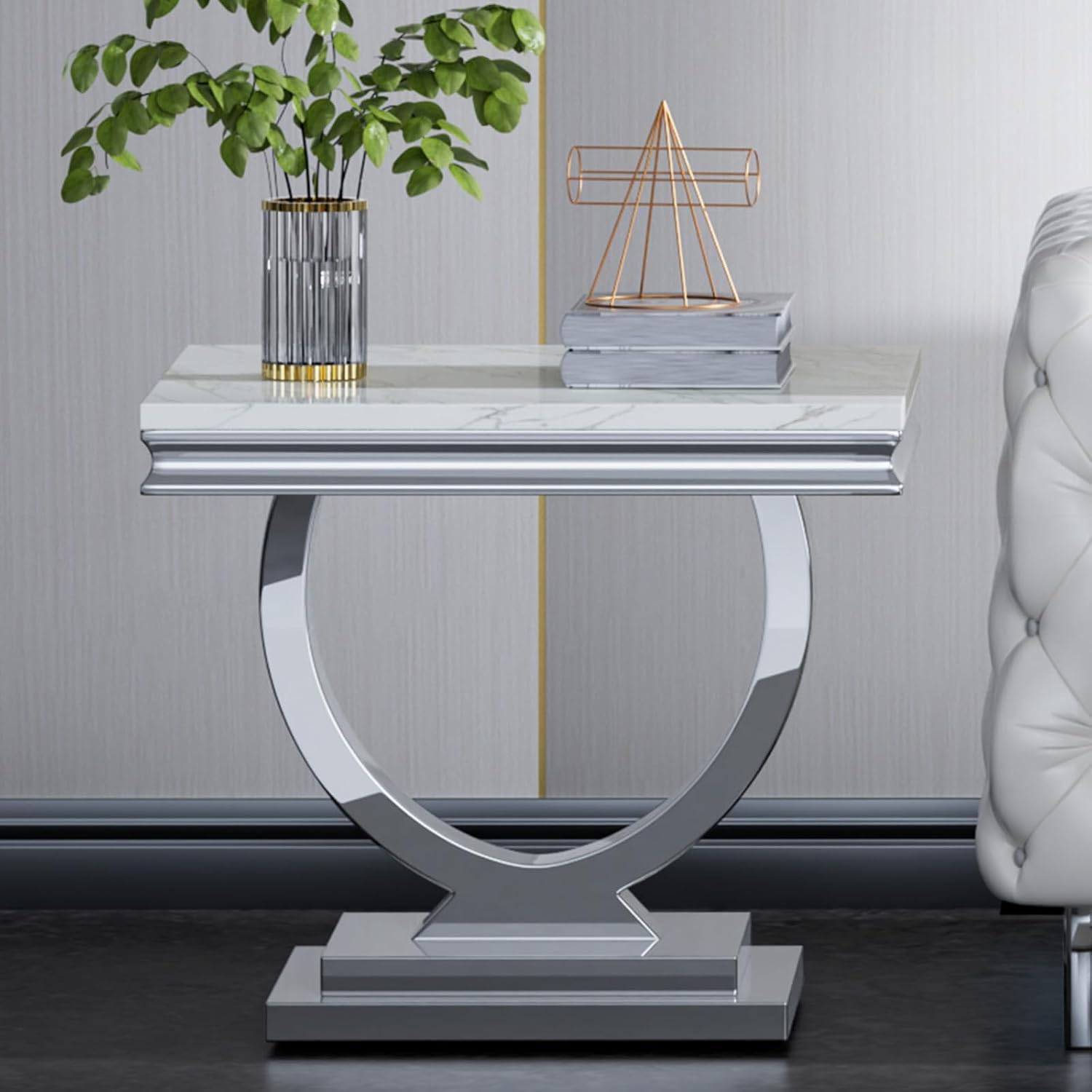 3 Pieces Coffee Table Set, Faux Marble Living Room Table Set of 3, Modern Coffee Table and 2 End Tables with O-Shaped Stainless Steel Base for Living Room Office (White Silver)