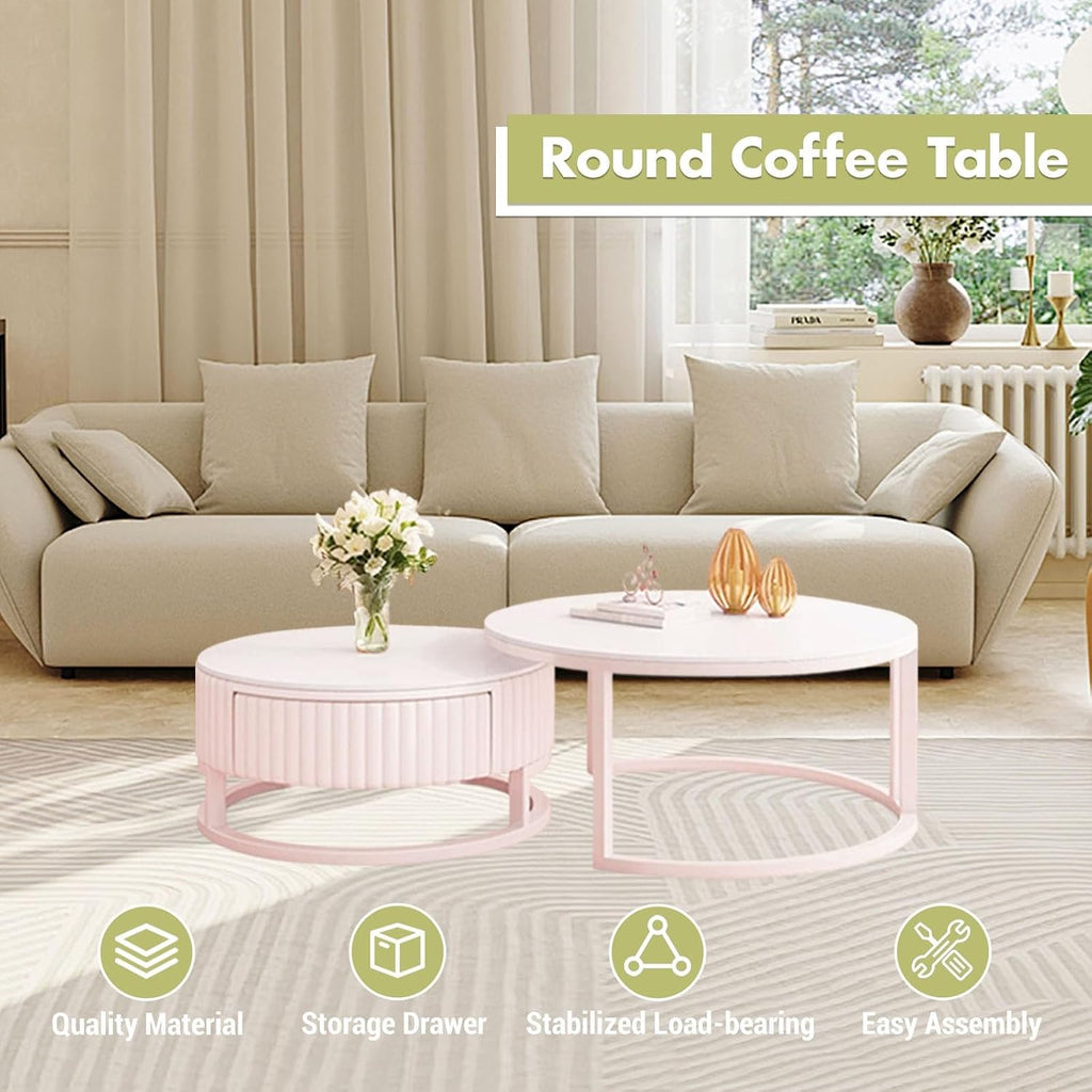 Round Nesting Coffee Table Set of 2 White Marble Coffee Table with Wood Storage Drawer Modern Circle Coffee Tables for Living Room Center Table Mid Century Coffee Table