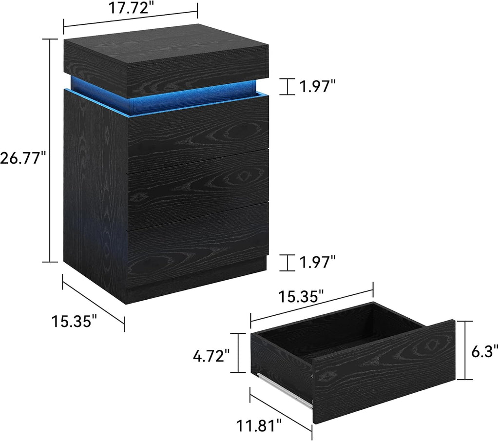 Black Nightstand with Charging Station and LED Light,27'' Tall Night Stand with Sliding Top for Bedroom, Bedside Table with 3 Drawers, Modern End Side Table for Living Room