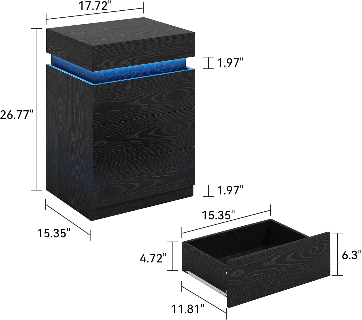 Black Nightstand with Charging Station and LED Light,27'' Tall Night Stand with Sliding Top for Bedroom, Bedside Table with 3 Drawers, Modern End Side Table for Living Room