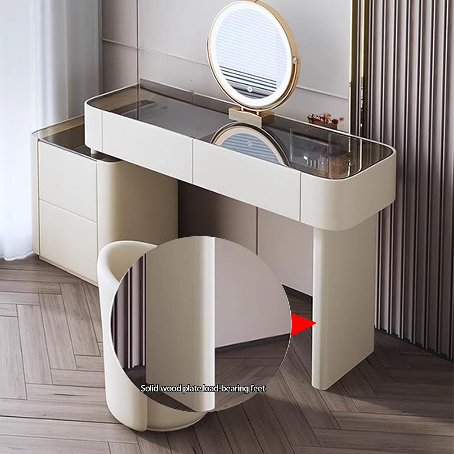 Makeup Vanity Set with Lighted Mirror, Dressing Table with Tempered Glass Tabletop and 4 Drawer, Vanity Desk with Nightstand, Cushioned Stool, 3 Color Lighting Modes,Grey 47.2'/120cm
