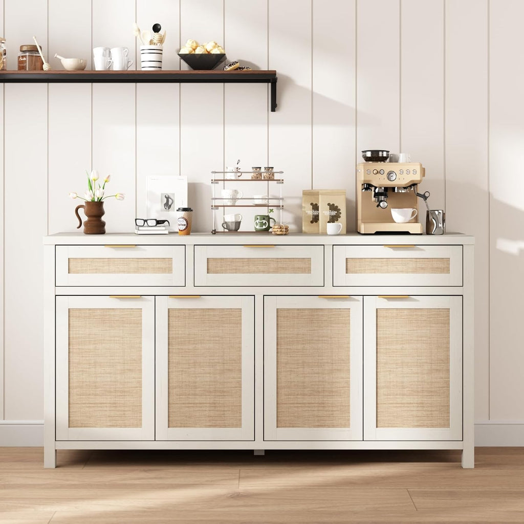 HOKYHOKY Rattan Sideboard Buffet Cabinet, Boho Storage Cabinet with Adjustable Shelves, Farmhouse Credenza Coffee Bar Cabinets with 4 Doors & 3 Drawers for Living Room, Hallway & Kitchen
