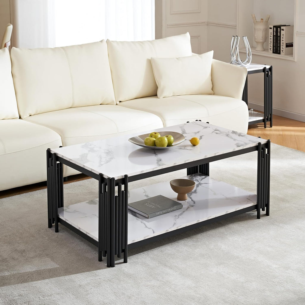 White Marble Coffee Table Set of 2, Faux Marble Coffee Table and White Silver End Table with Chrome Metal I-Base, Luxury 2 Piece Living Room Table Set for Home Office Bedroom