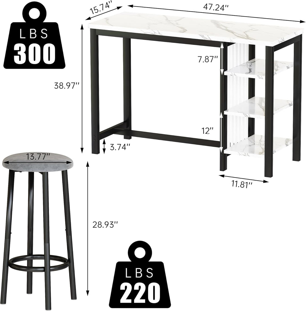 AWQM Bar Table Set with Storage Shelves, 47' Modern White Faux Marble Breakfast Table with 2 Velvet Stools, 3-Piece Dining Set for 2, Space Saving Table for Kitchen/Dining Room/Living Room/Studio
