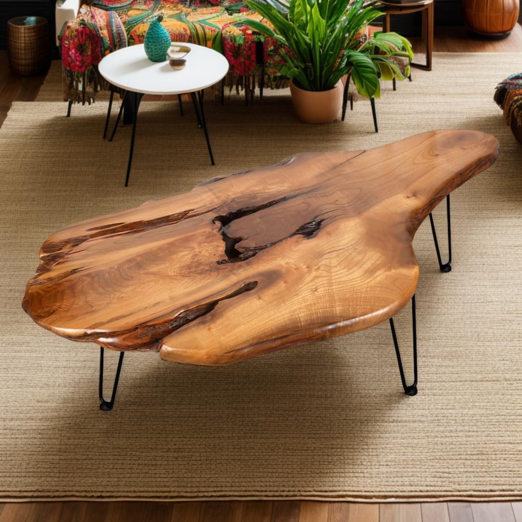 BTEOBFY 14-Inch Live Edge Coffee Table - Handcrafted Solid Wood Side Table with Metal Hairpin Legs - Unique Organic Shape End Table for Living Room, Rustic Boho & Modern Farmhouse Decor
