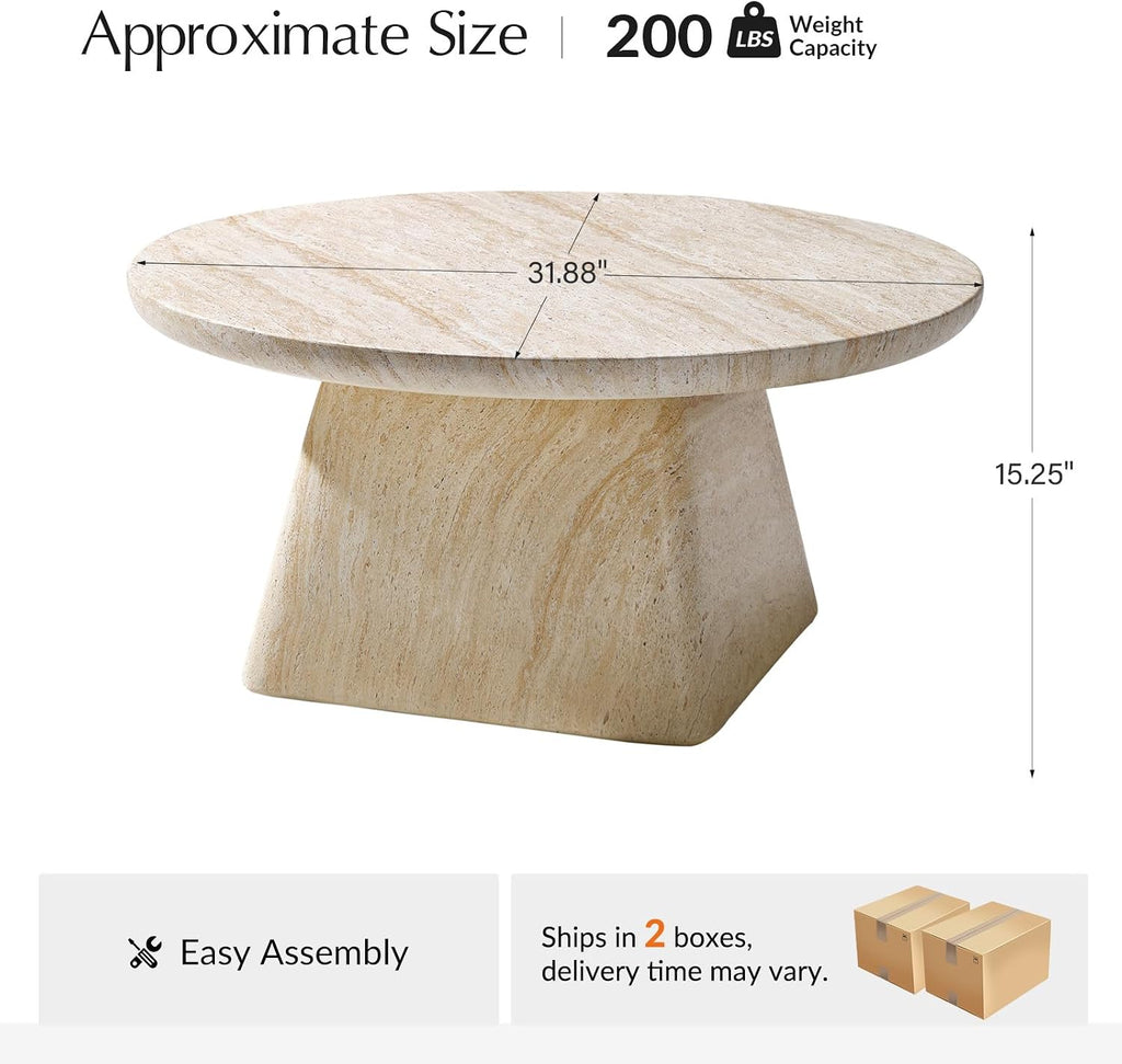 HULALA HOME Modern 31.88' Round Coffee Table with Stone-Look Finish and Sculpted Pedestal Base, Stylish Living Room Center Table(Natural)