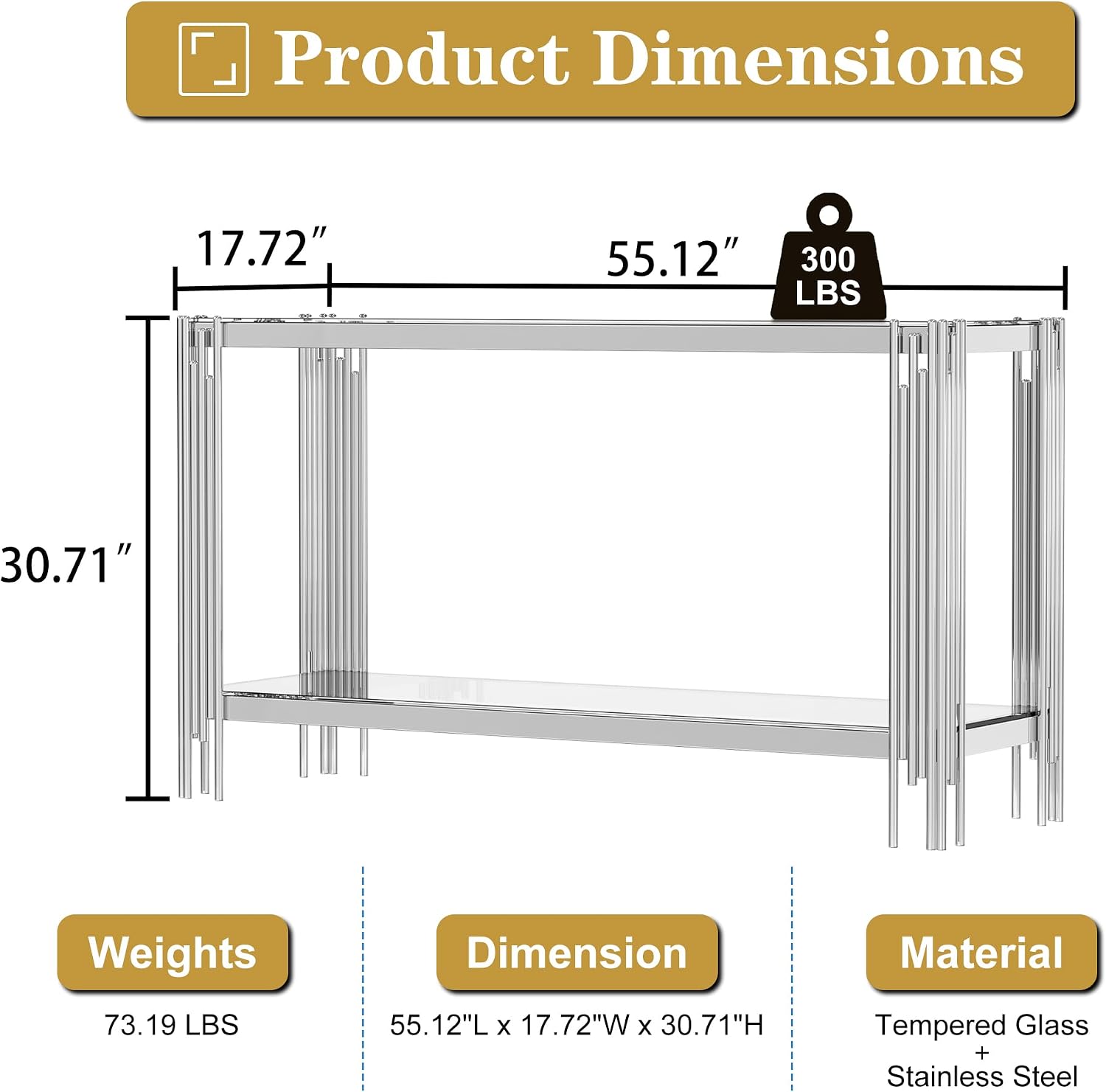 2-Tier Glass Console Table, Rectangle Console Table with Storage, Entryway Table with Stainless Steel Base, Rectangular Narrow Tables Sofa Table for Living Room Hallway, Clear&Silver