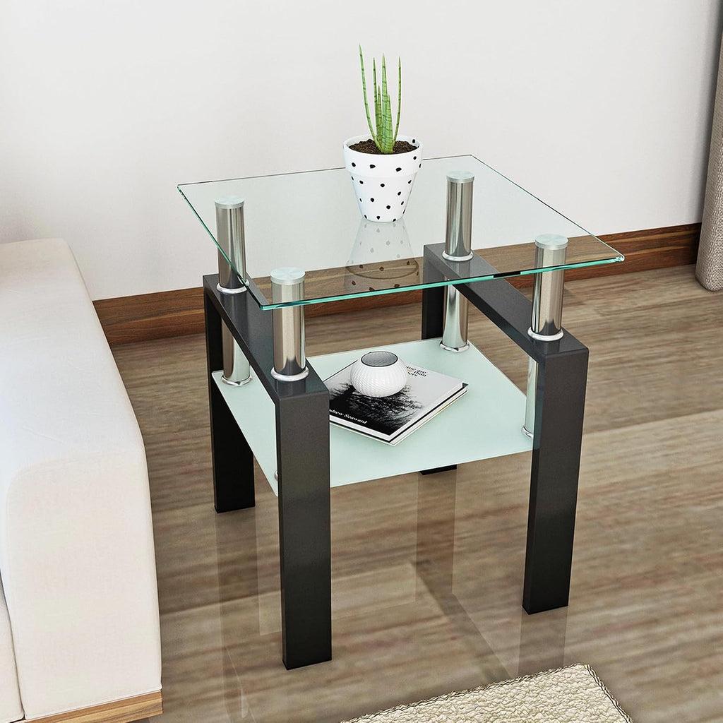 Glass Coffee Table Sets of 3 for Living Room, Mordern End Table Sofa Side Tables with Storage, Black Metal Leg, Rectangle Tempered Center Table Home Furniture Set (Clear)