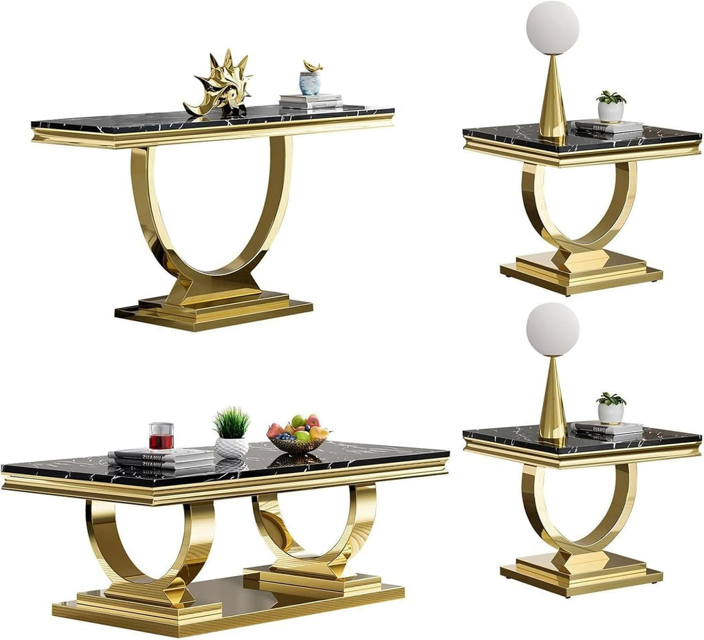 Henf 4 Piece Modern Living Room Table Set, Black & Gold Faux Marble Coffee Table & Console Table & 2 End Tables, Luxury Stainless Steel Base