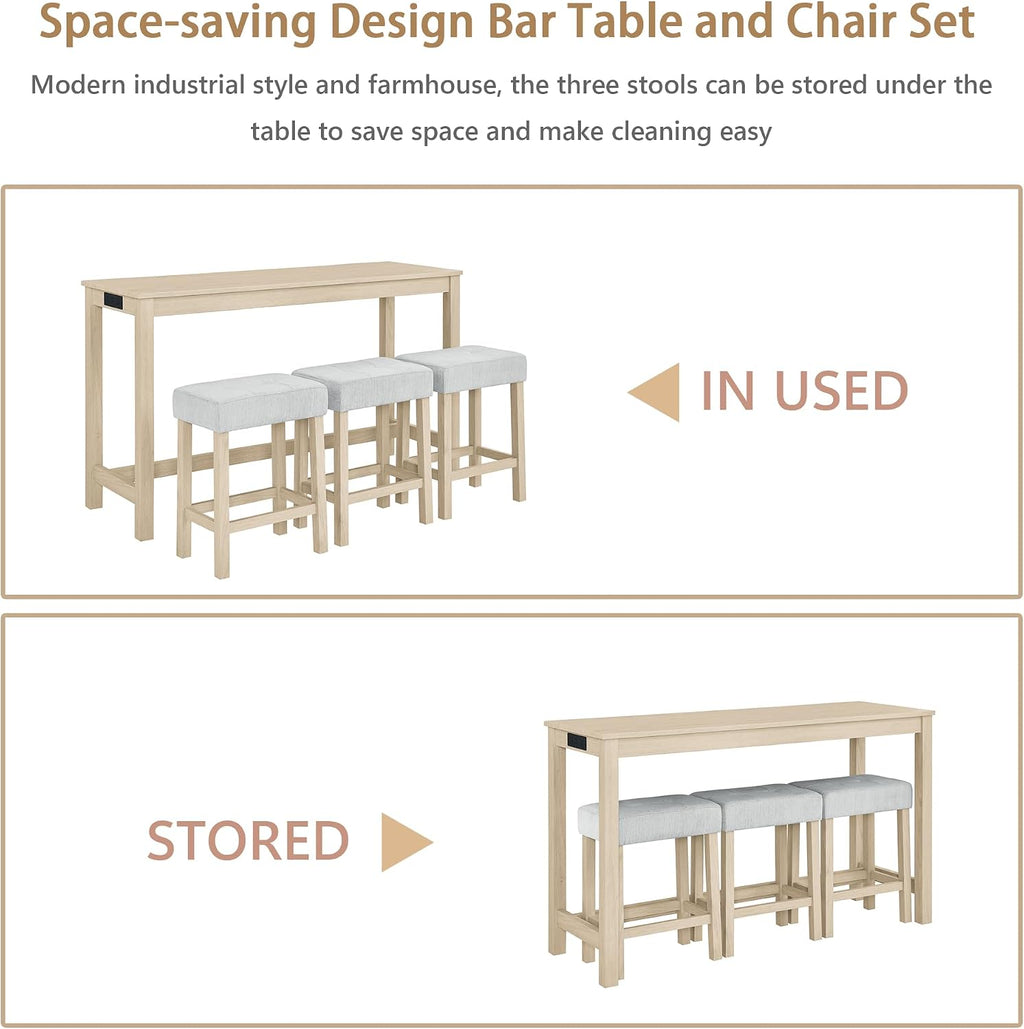 Merax 59 inch Bar Table Set with Power Outlet & Charging Hub, Industrial Solid Wood High Top Table with 3 Linen Upholstered Stools for Kitchen, Living Room, Dining Room,Light Oak+Linen Grey