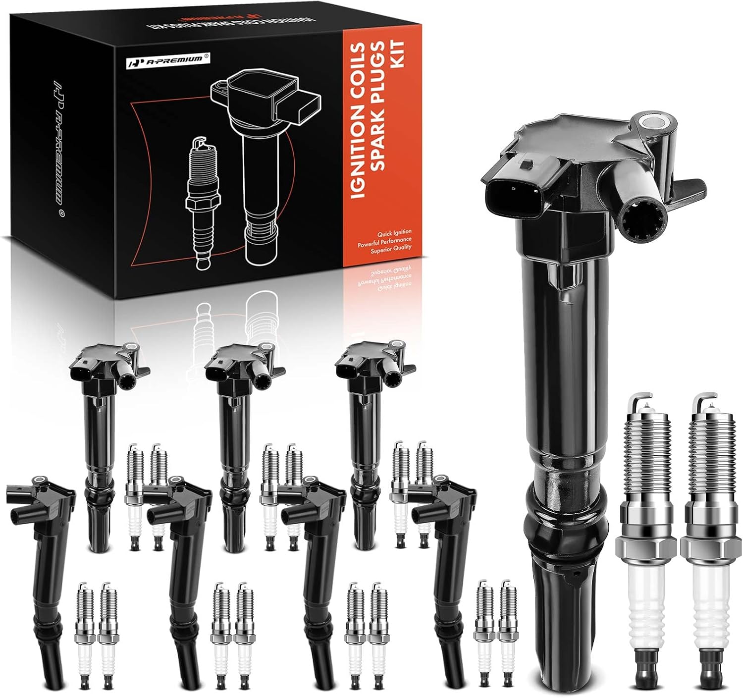 A-Premium Set of 8 Ignition Coil Pack and Iridium Spark Plugs Compatible with Ford F-150 2010-2014, F-250 2011-2017, F-350 2011-2017, E-350 Super Duty 2017 - for V8 6.2L