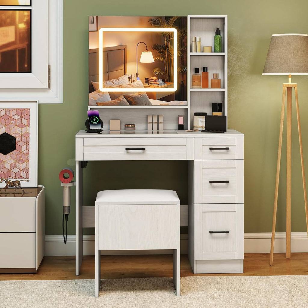 Vanity Desk with Mirror and Lights, Dressing Table with Storage Stool, Drawers & Shelves, Charging Station, Hair Dryer Stand, 3 Color Lighting, Glass Tabletop, Makeup Vanity for Bedroom, White