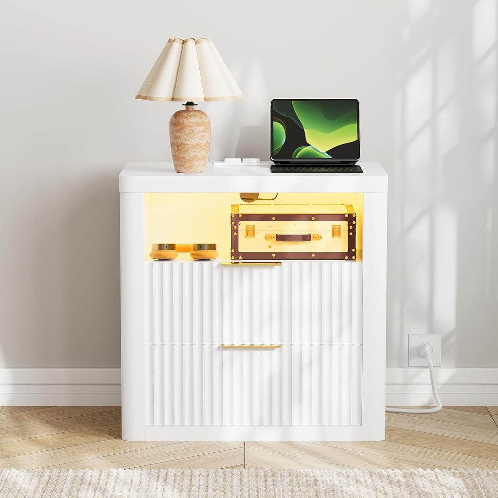 YESHOMY Fluted Nightstand with Charging Station,24' Night Stand with 2 Drawers and Storage Shelf,RGB LED Lighting,Arc Edge Fluted Bedside Table for Bedroom,White