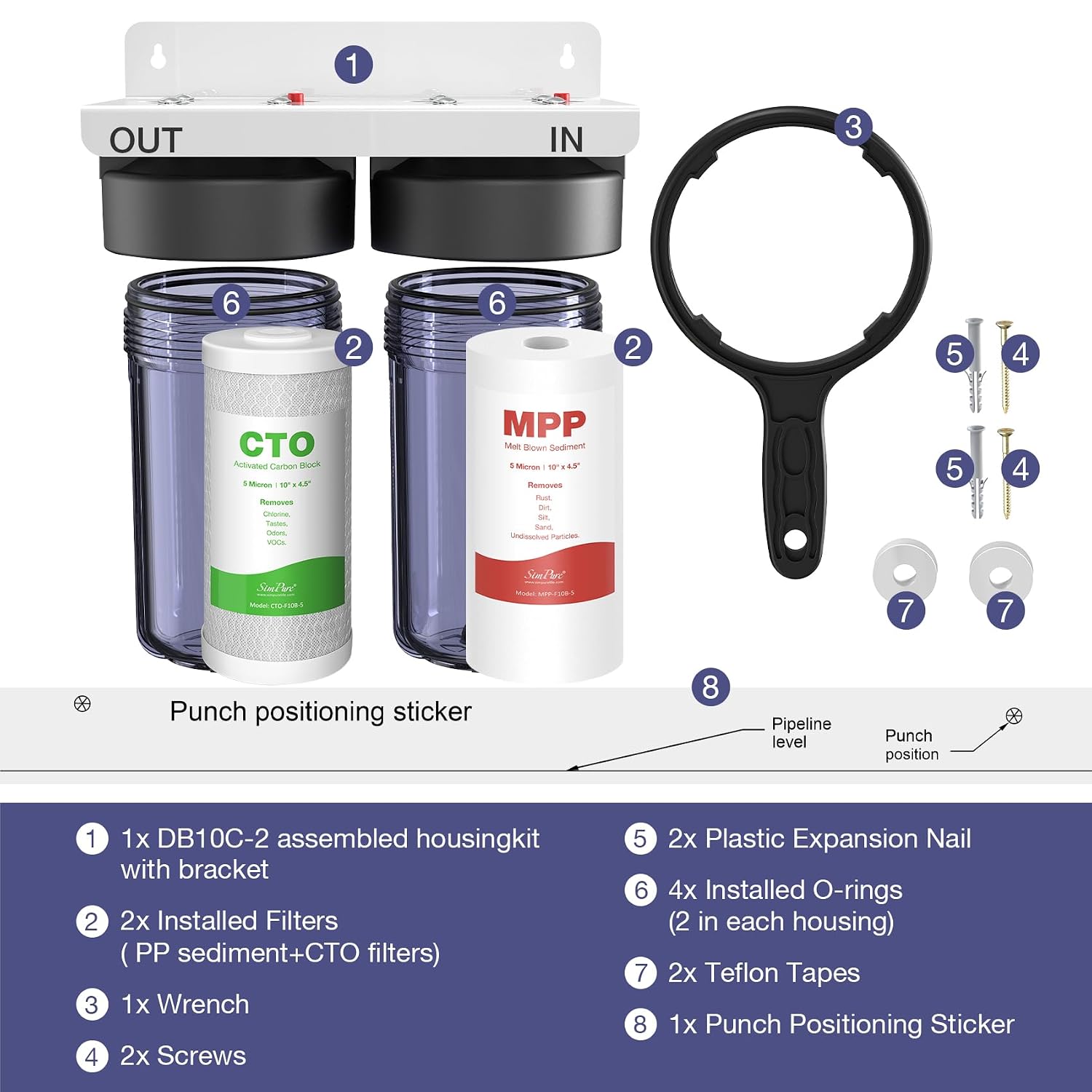 SimPure Whole House Water Filter System, 2 Stages Clear 10' x 4.5' Home Water Pre-Filtration with Carbon and Sediment Filters, Reduce Odor, Chlorine, Taste, Iron, 1' NPT Brass Port, BPA Free
