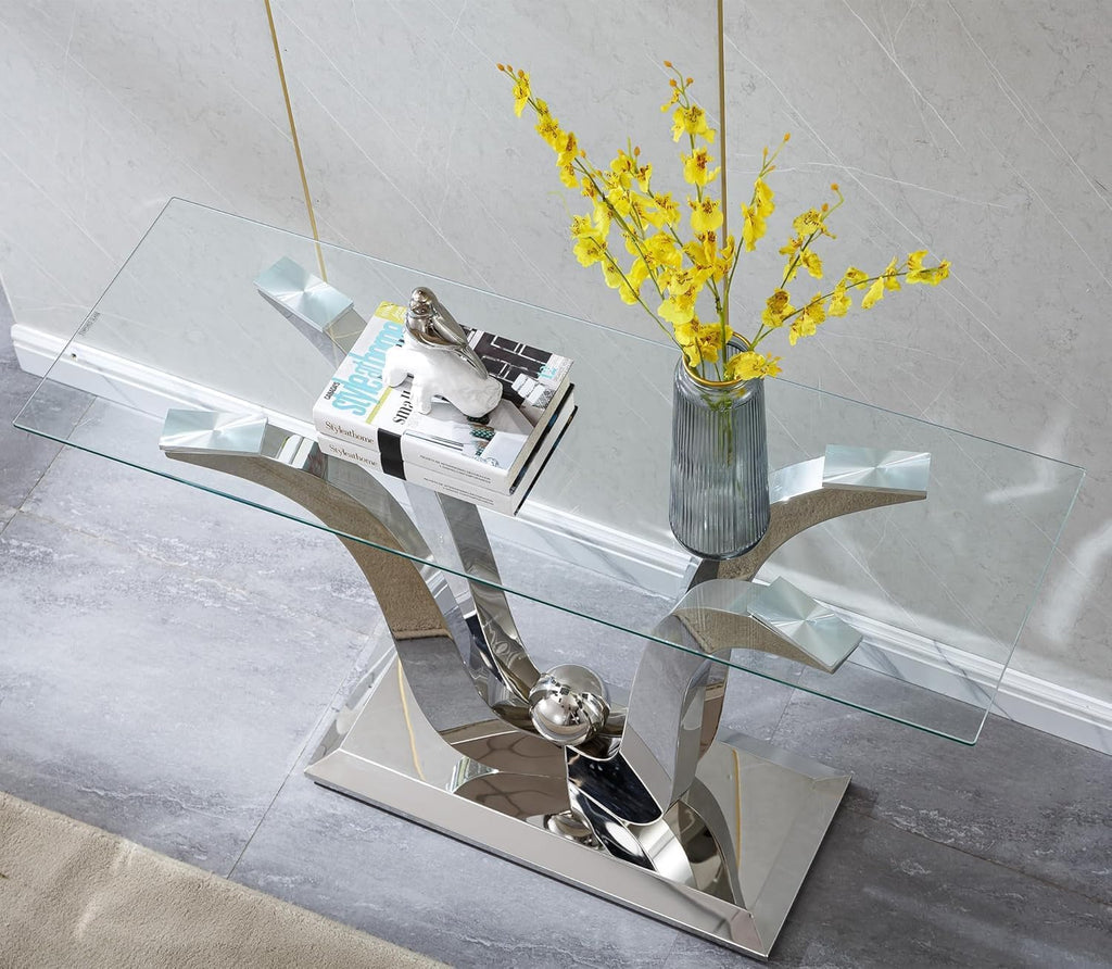 Modern Silver Glass Coffee Table Set of 2, Clear Glass Coffee Table and Console Sofa Table Set with Stainless Steel Frame, Luxury Silver 2 Piece Living Room Table Set for Home Office Apartment