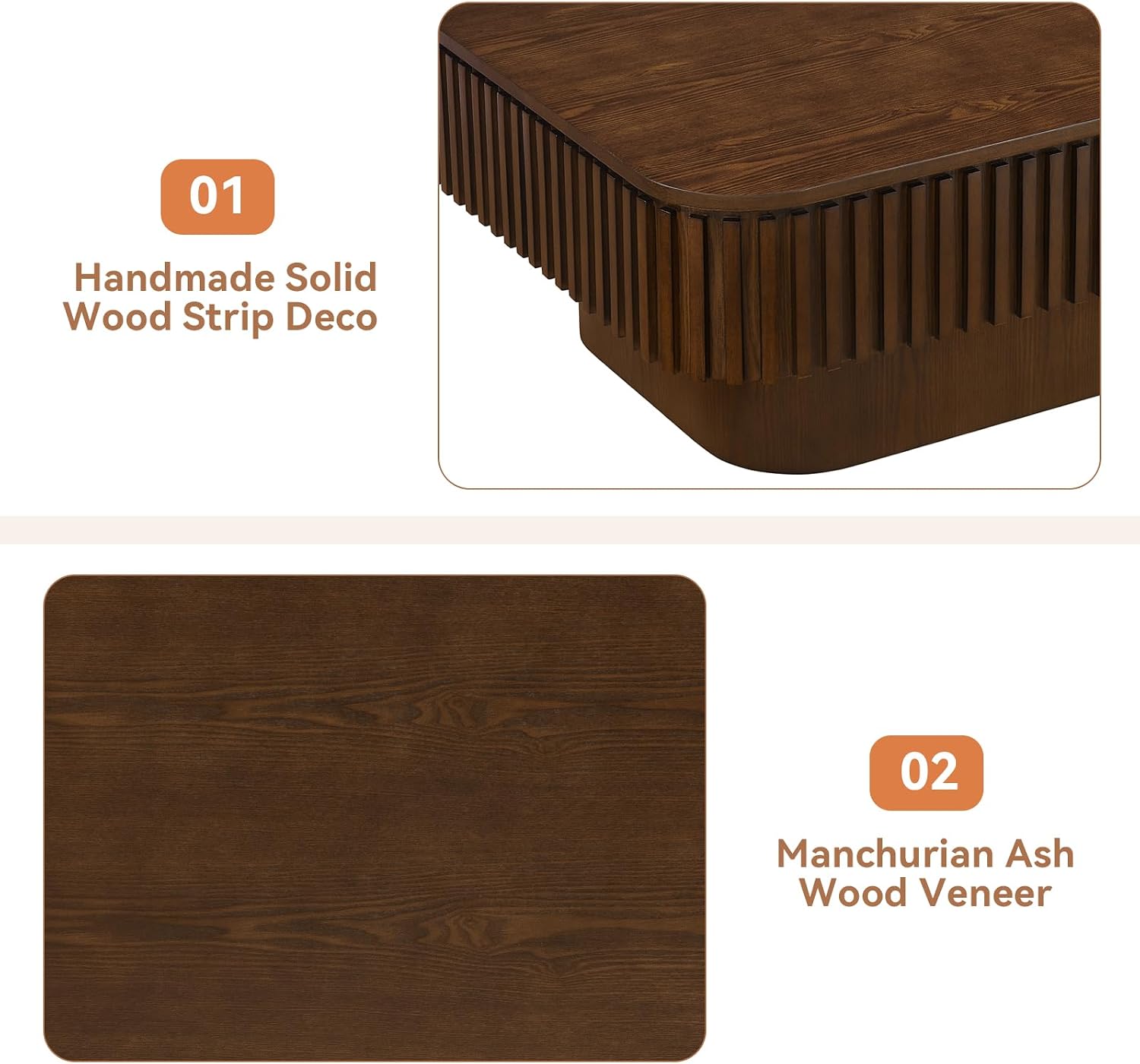 Lift Top Coffee Table for Living Room, Fluted Coffee Tables with Storage, Solid Wood Veneered Modern Accent Tea Center Table for Small Space Apartment (Walnut-38.6''D×26.8''H)
