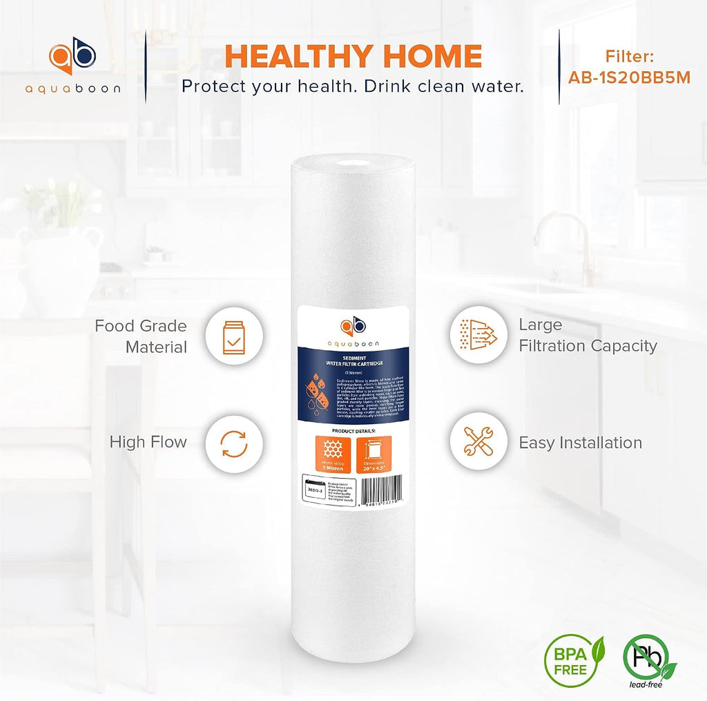 Aquaboon 1 Micron 20 x 4.5 Sediment Water Filter Replacement Cartridge | Whole House Sediment Filtration | Compatible with AP810-2, AP810-6, SDC-45-2005, FPMB5-20, P5-20, FP25B, 155358-43, 10 Pack