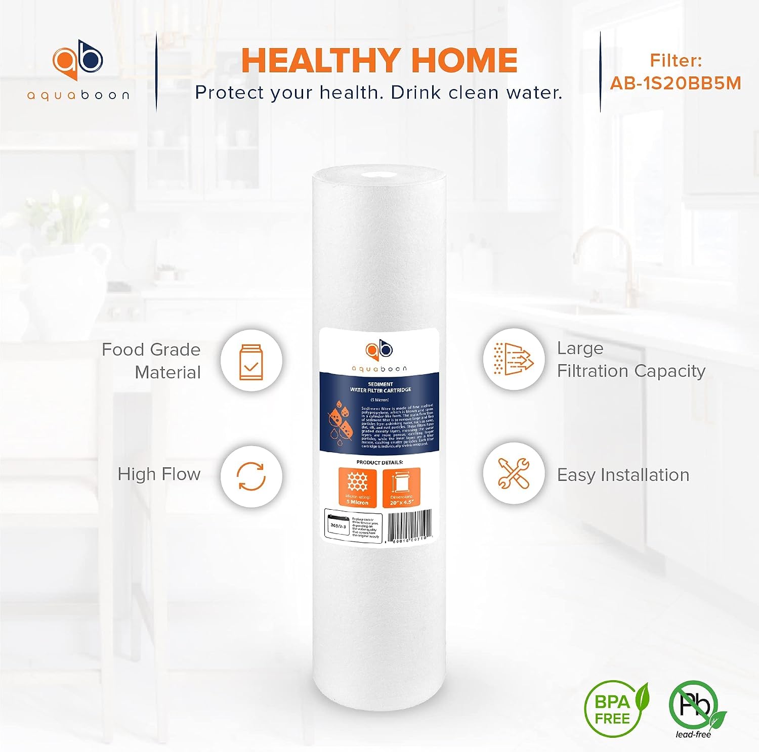 Aquaboon 1 Micron 20 x 4.5 Sediment Water Filter Replacement Cartridge | Whole House Sediment Filtration | Compatible with AP810-2, AP810-6, SDC-45-2005, FPMB5-20, P5-20, FP25B, 155358-43, 10 Pack
