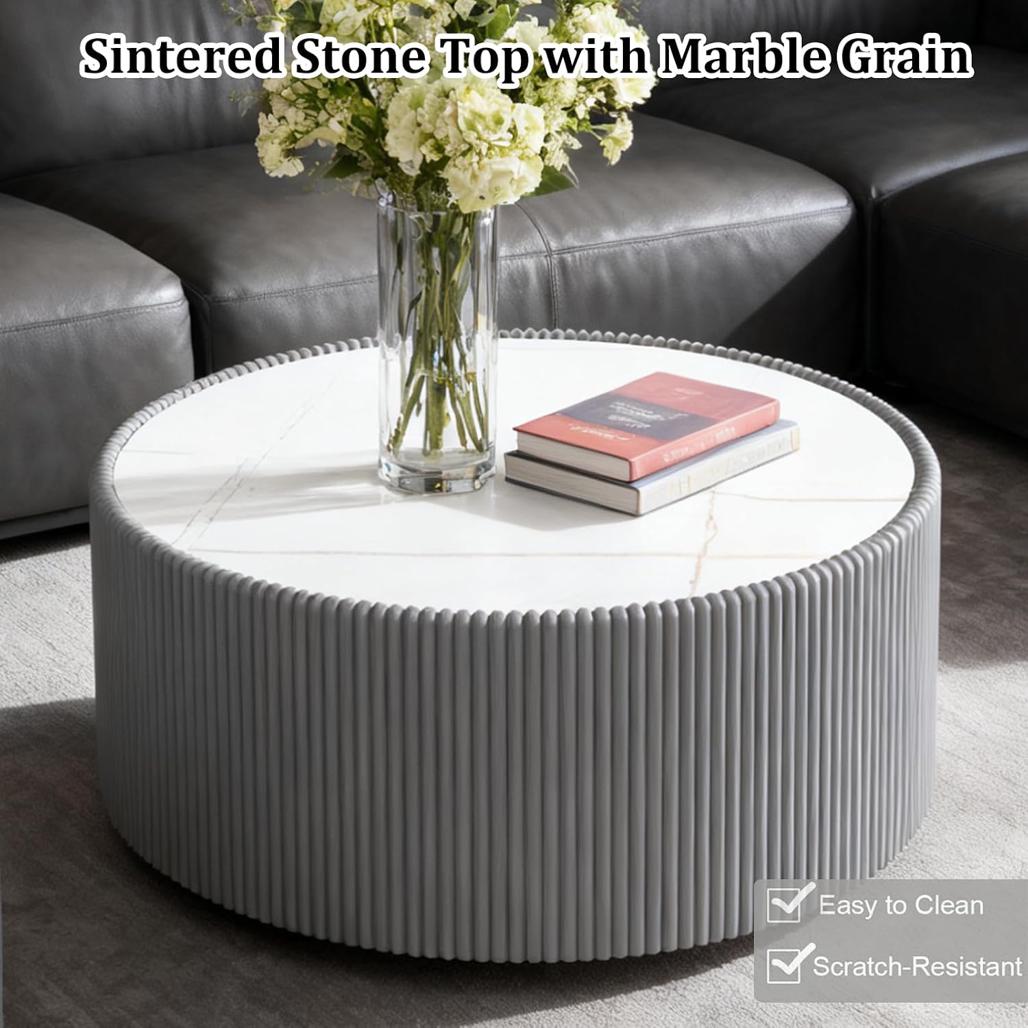 Modern Round Coffee Table Set of 2 Luxury Sintered Stone Top Coffee End Table in Grey/Black Leatherette Drum-Shape Small Coffee Side End Tables for Living Room,Fully Assembled