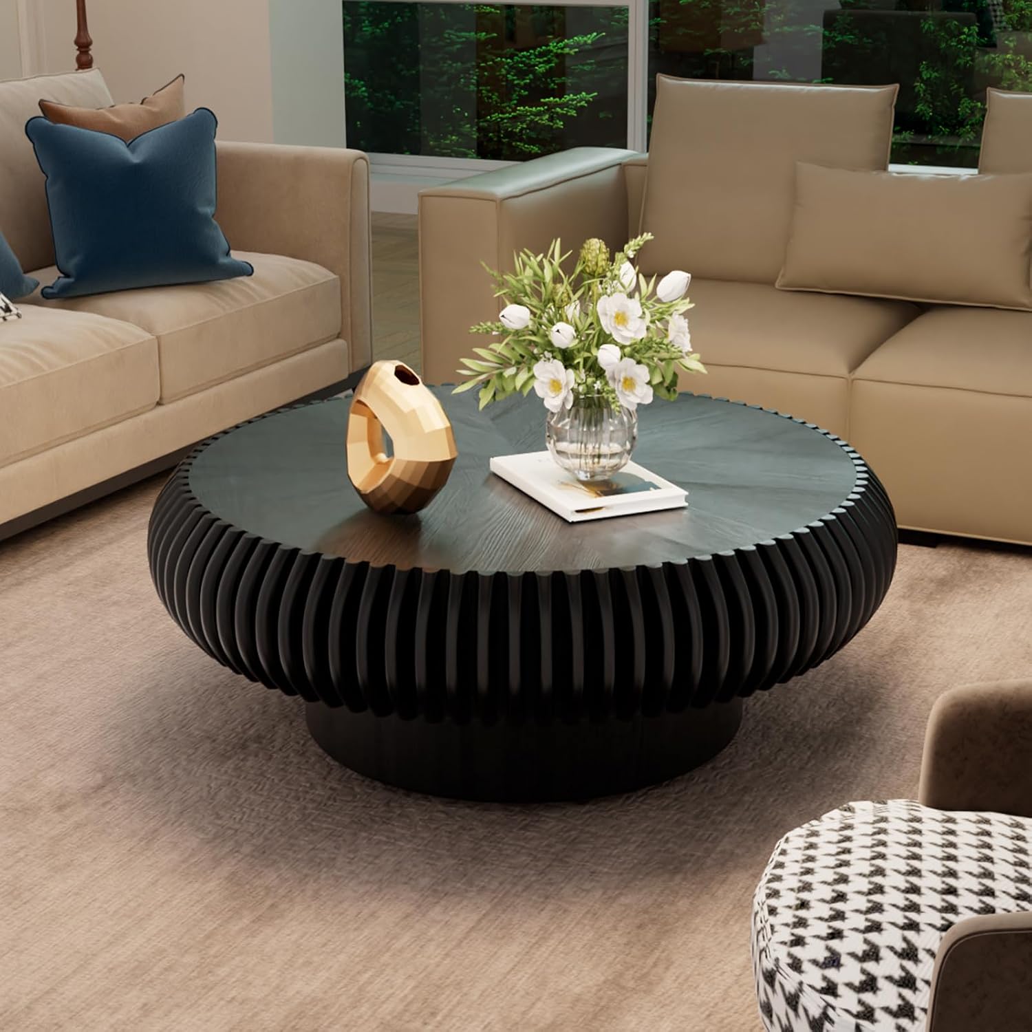 31.5' Round Drum Coffee Table, Modern Fluted Coffee Tables with Solid Wood Veneer, Wooden Circle Center Table for Living Room, Small Spaces, and Apartments, Easy Assembly
