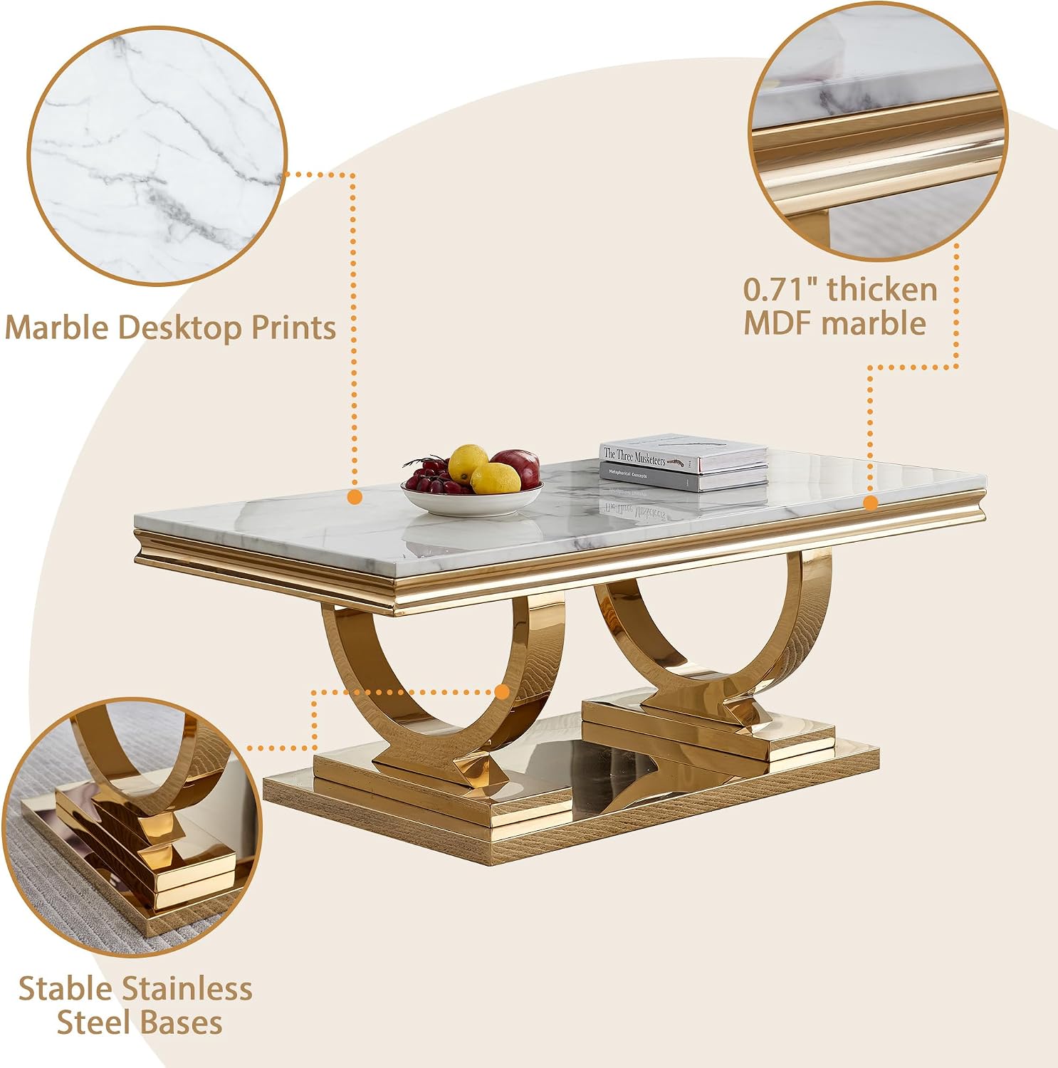 Marble Coffee Table, 47' White Faux Marble Rectangular Cocktail Tables with Mirrored Finish Double O-Shape Stainless Steel Base, Central Cocktail Tea Table for Living Room Office, Gold