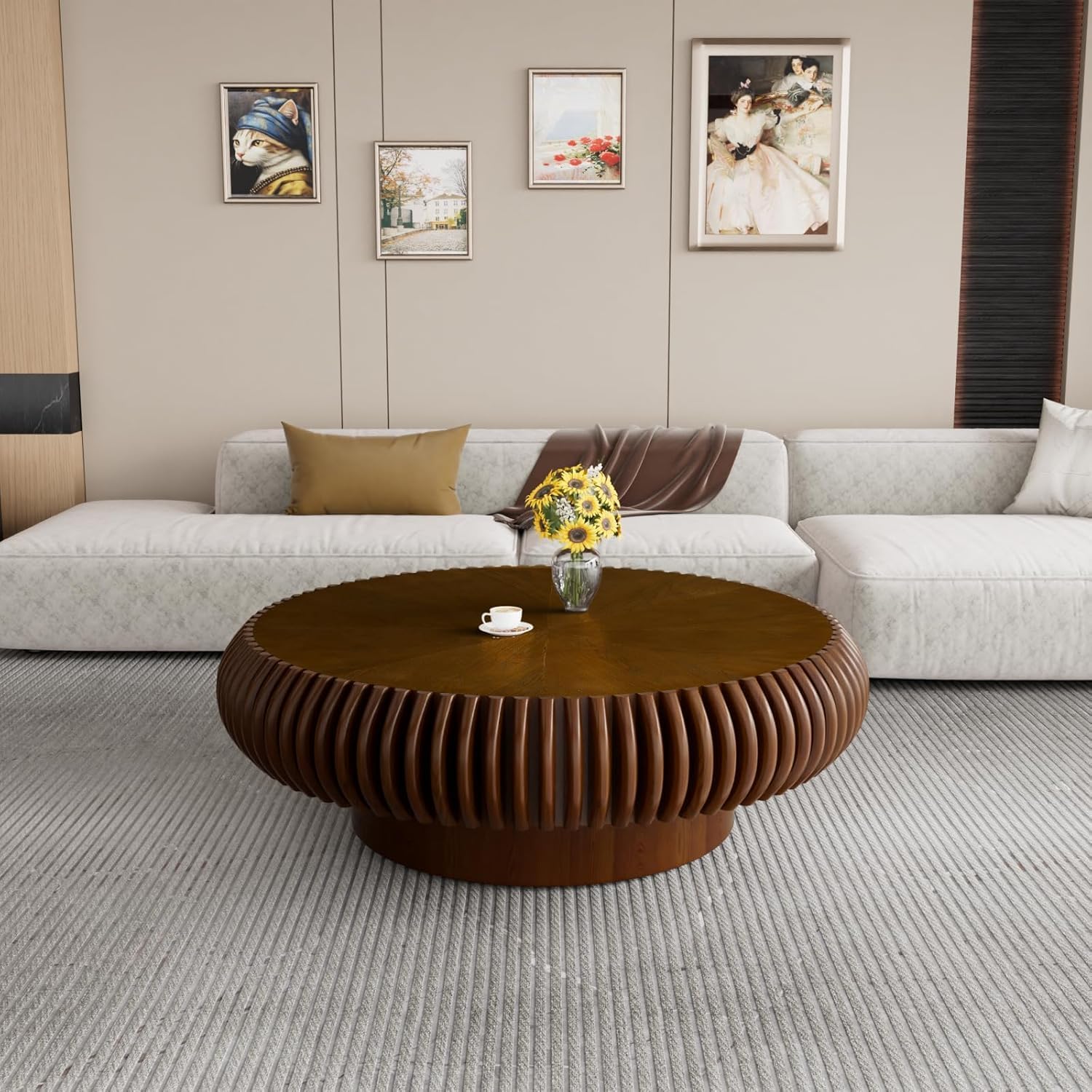 JHKZUDG Round Fluted Coffee Table 39.4'' Wood Drum Coffee Tables Contemporary Circle Accent Center Table Mid Century Side Table for Living Room, Small Space, Apartment (Walnut, 39.4' Coffee Table)