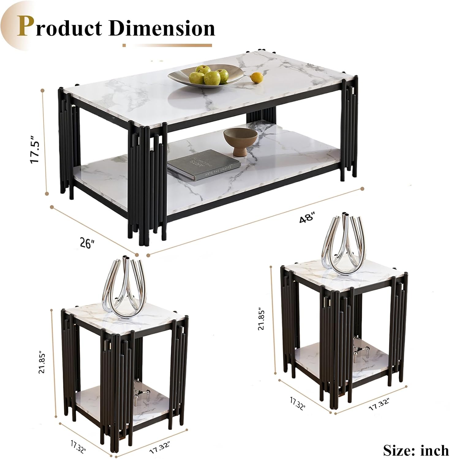 3 Piece Living Room Table Set, White Fuax Marble Coffee Table and 2 End Table Set w/Black Metal Frame, Modern 2-Tier Coffee Table Set with Storage Shelf for Apartment Home Office